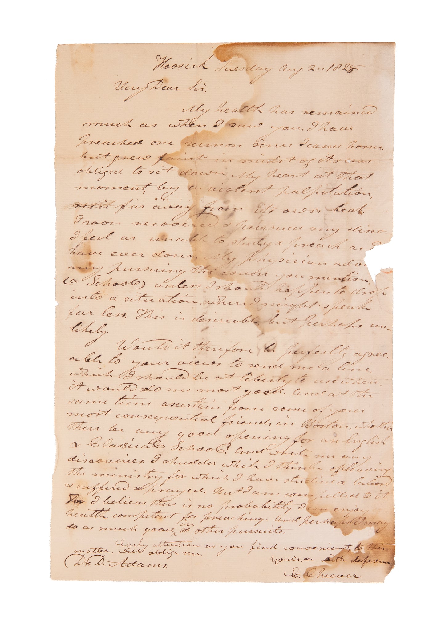 1828 EBENEZER CHEEVER. Preacher Suffering Medical & Emotional Strain Looking to Leave Ministry.