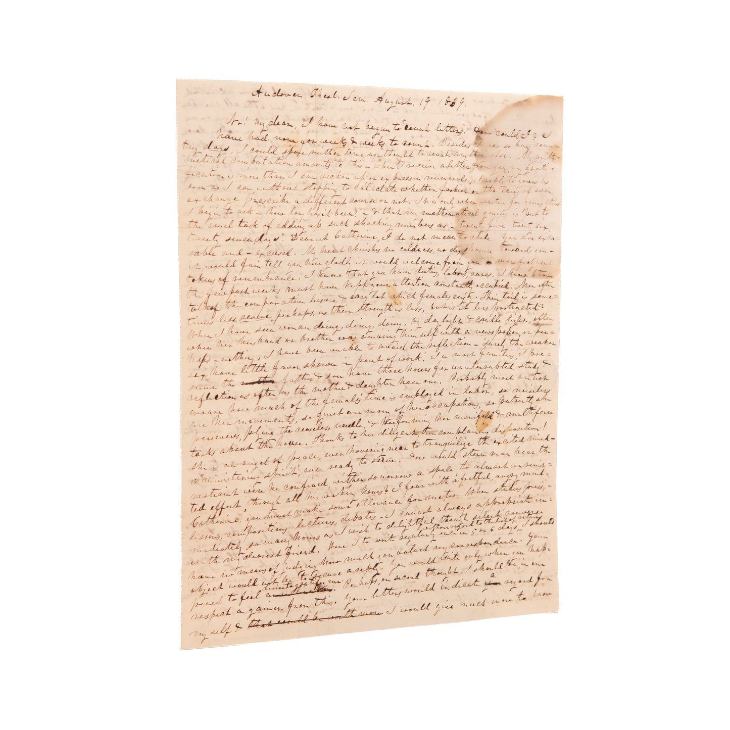 1839 WOMEN'S PLIGHT. Andover Seminary Student on Right to Independent Thought and Education.