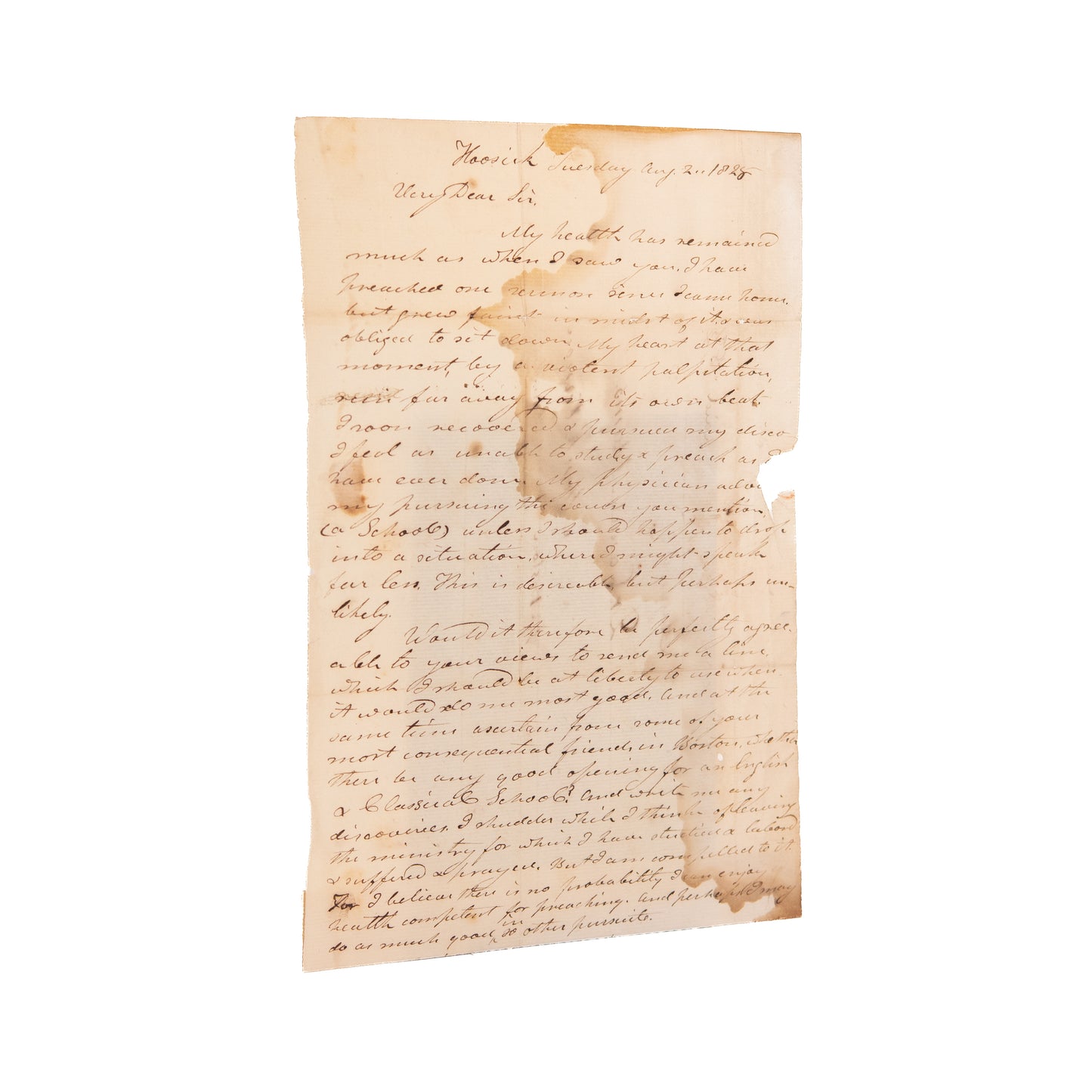 1828 EBENEZER CHEEVER. Preacher Suffering Medical & Emotional Strain Looking to Leave Ministry.