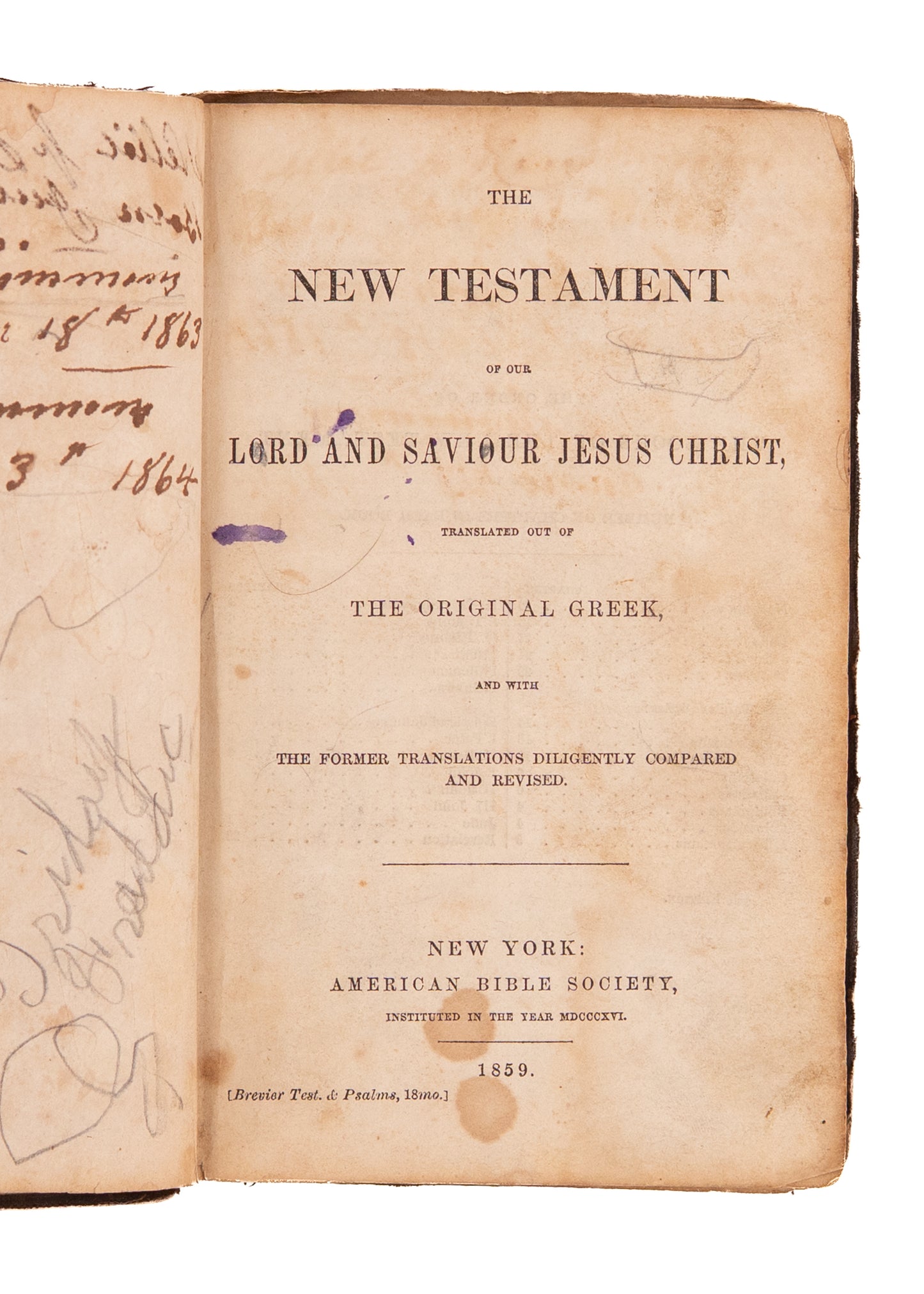 1863 CIVIL WAR NEW TESTAMENT. New-Bedford Bible Society Presented to New Father. He Died Months Later.