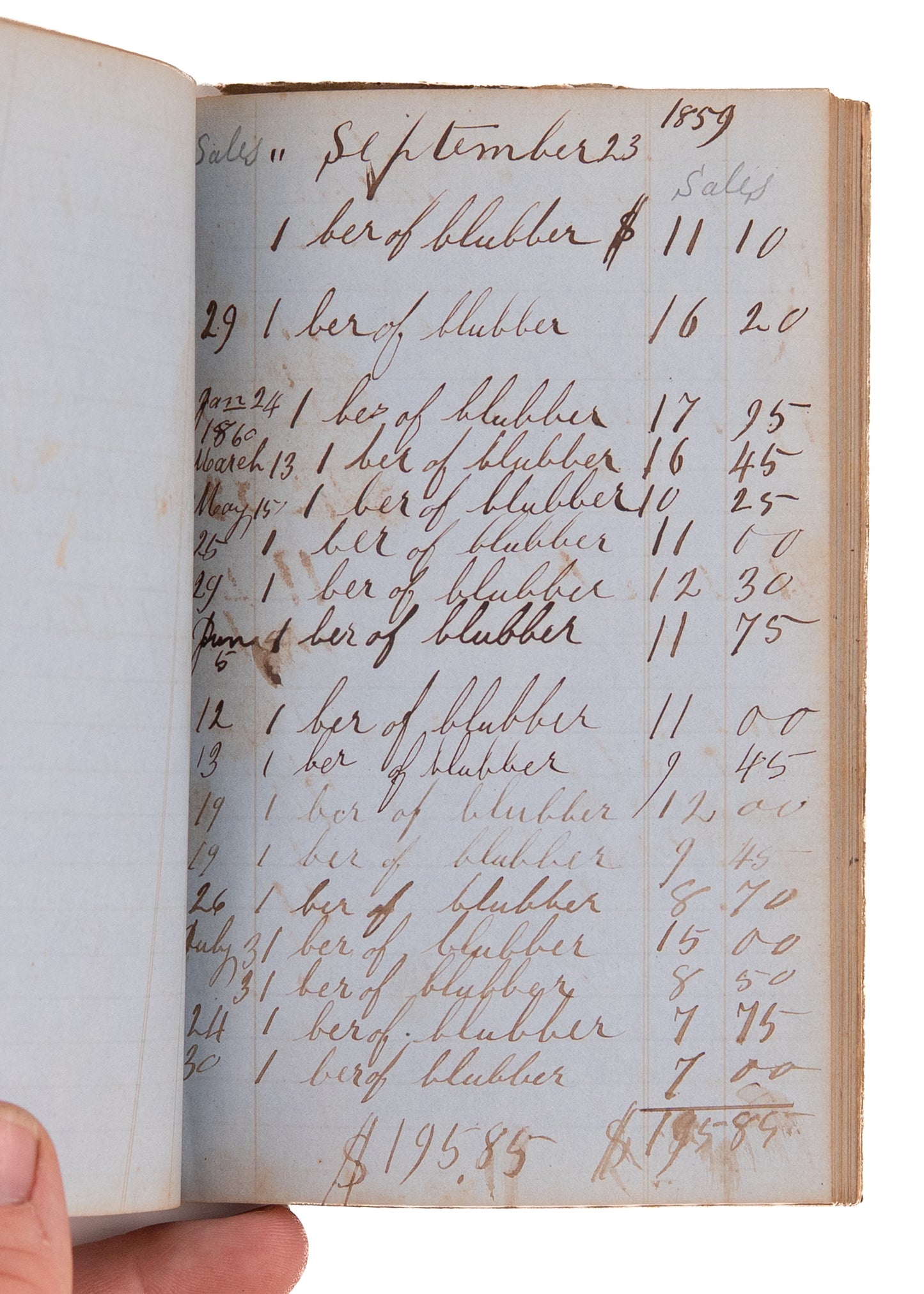 1859-1860 WHALING & BLUBBER OIL SALES. Blubber and Oil Dealer's Diary Just Prior to Petroleum Boom.