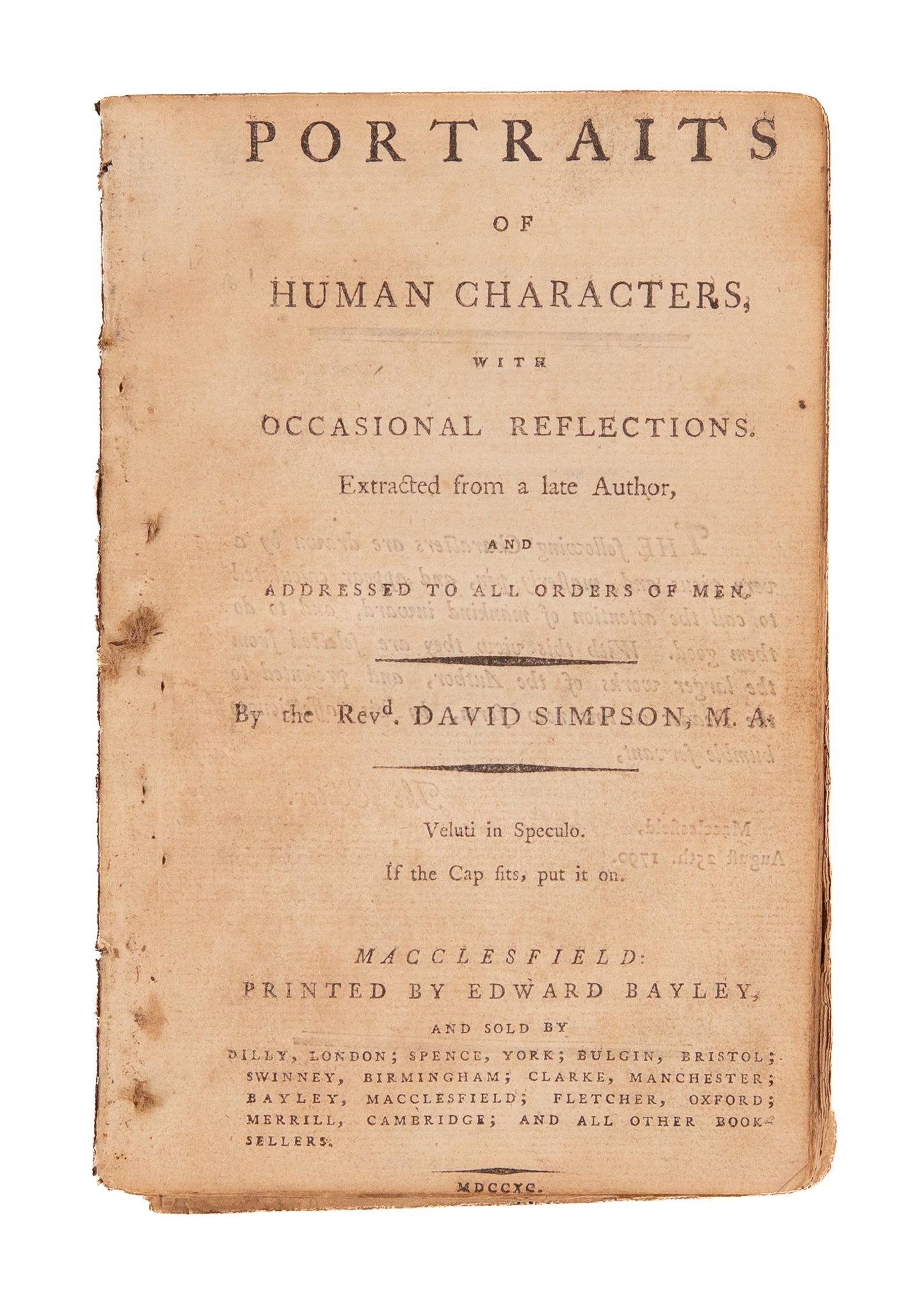 1790 DAVID SIMPSON. Portraits of Human Characters - Early Work on Personality Types and Sin.