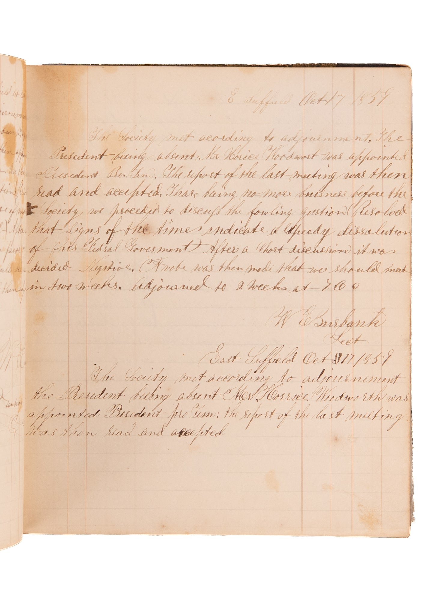1858-1861 EAST SUFFIELD DEBATE SOCIETY. Young Men Debate Slavery, Secession, and Then Join the Civil War.
