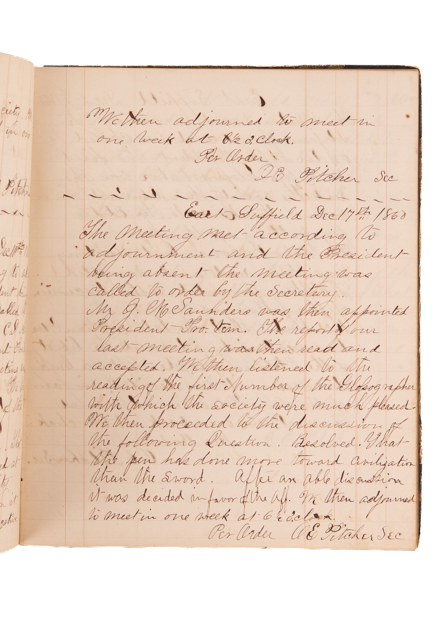 1858-1861 EAST SUFFIELD DEBATE SOCIETY. Young Men Debate Slavery, Secession, and Then Join the Civil War.