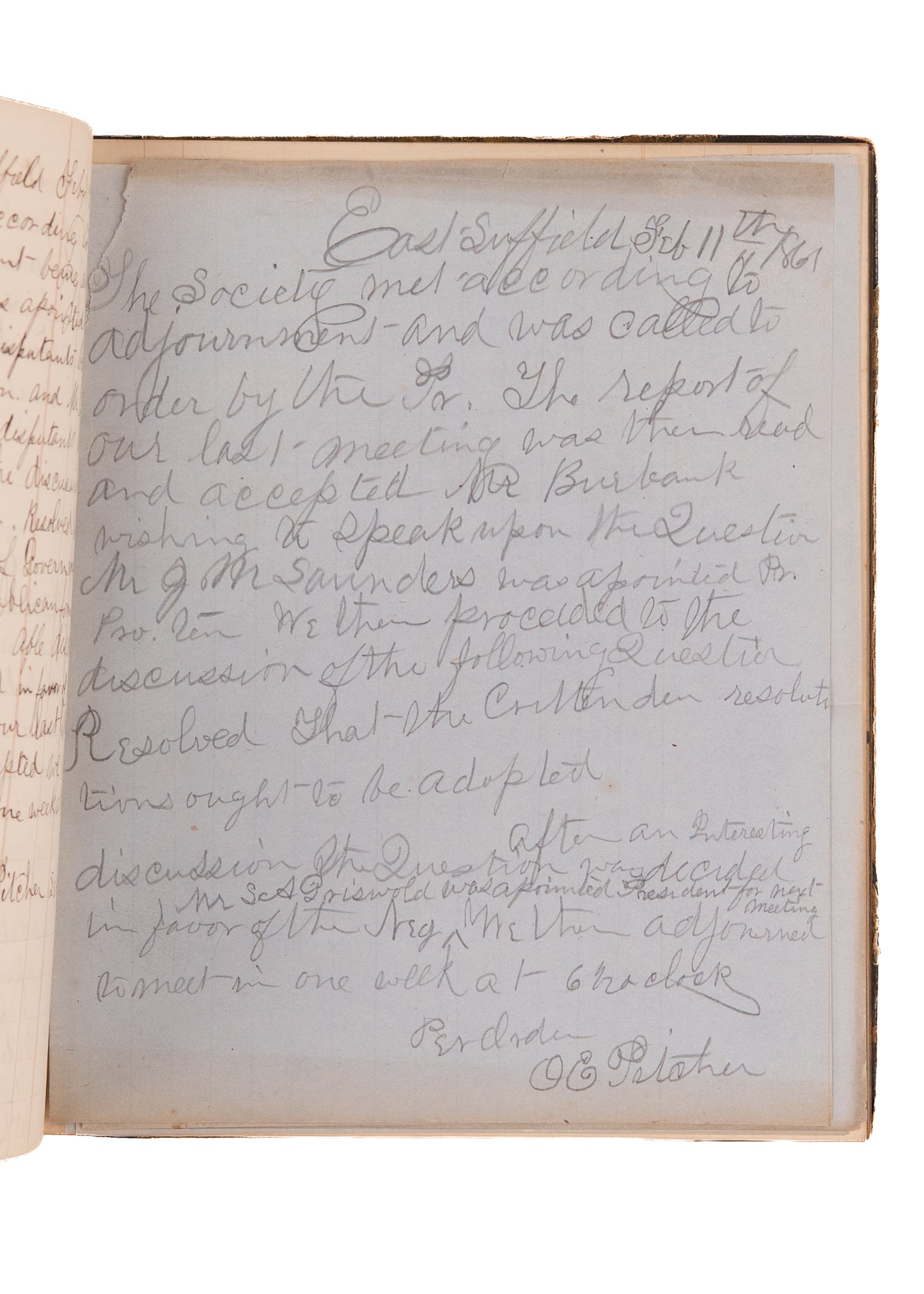 1858-1861 EAST SUFFIELD DEBATE SOCIETY. Young Men Debate Slavery, Secession, and Then Join the Civil War.