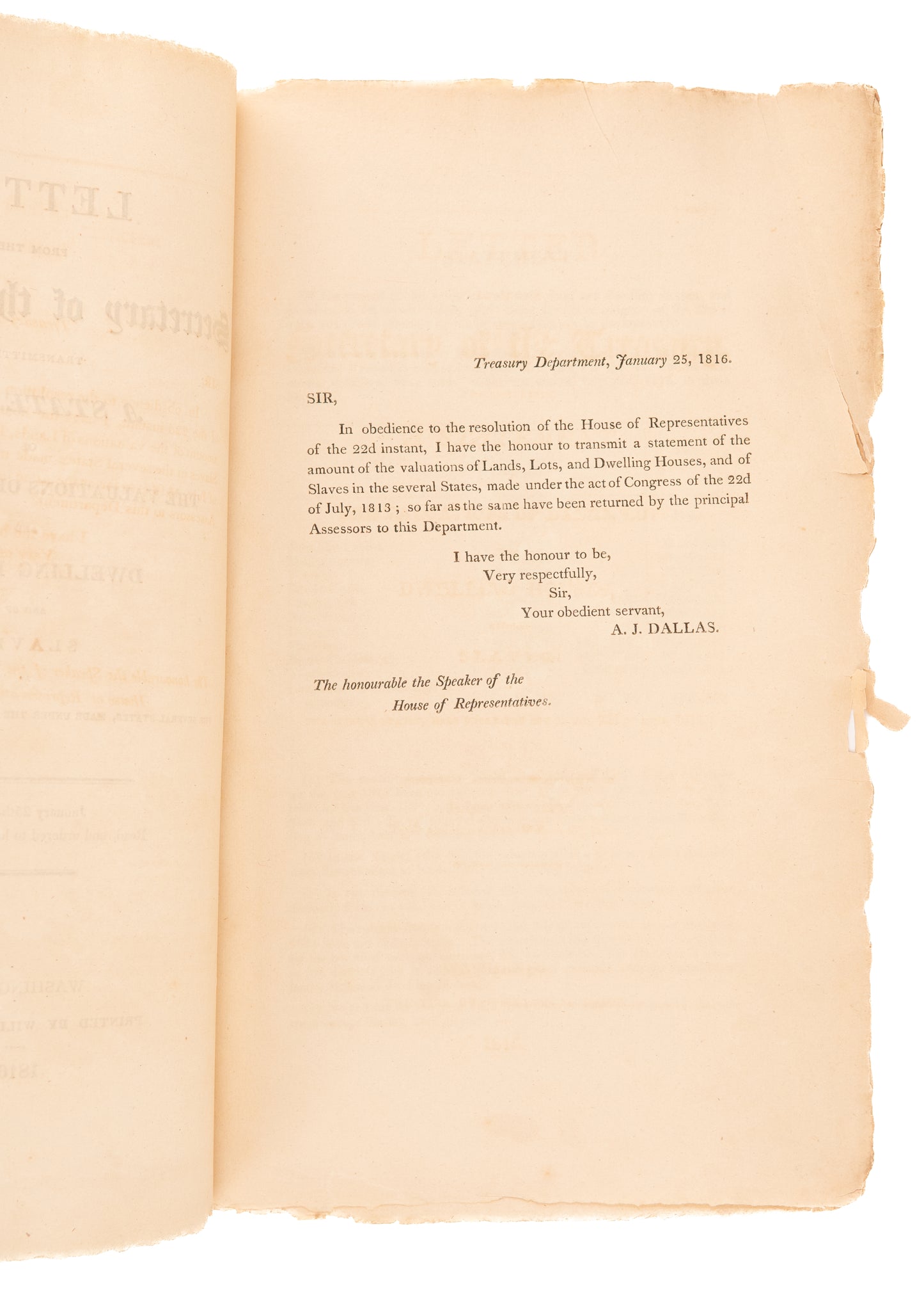 1816 ALEXANDER J. DALLAS. Rare Census for the Slavery Sin Tax to Pay for War of 1812.