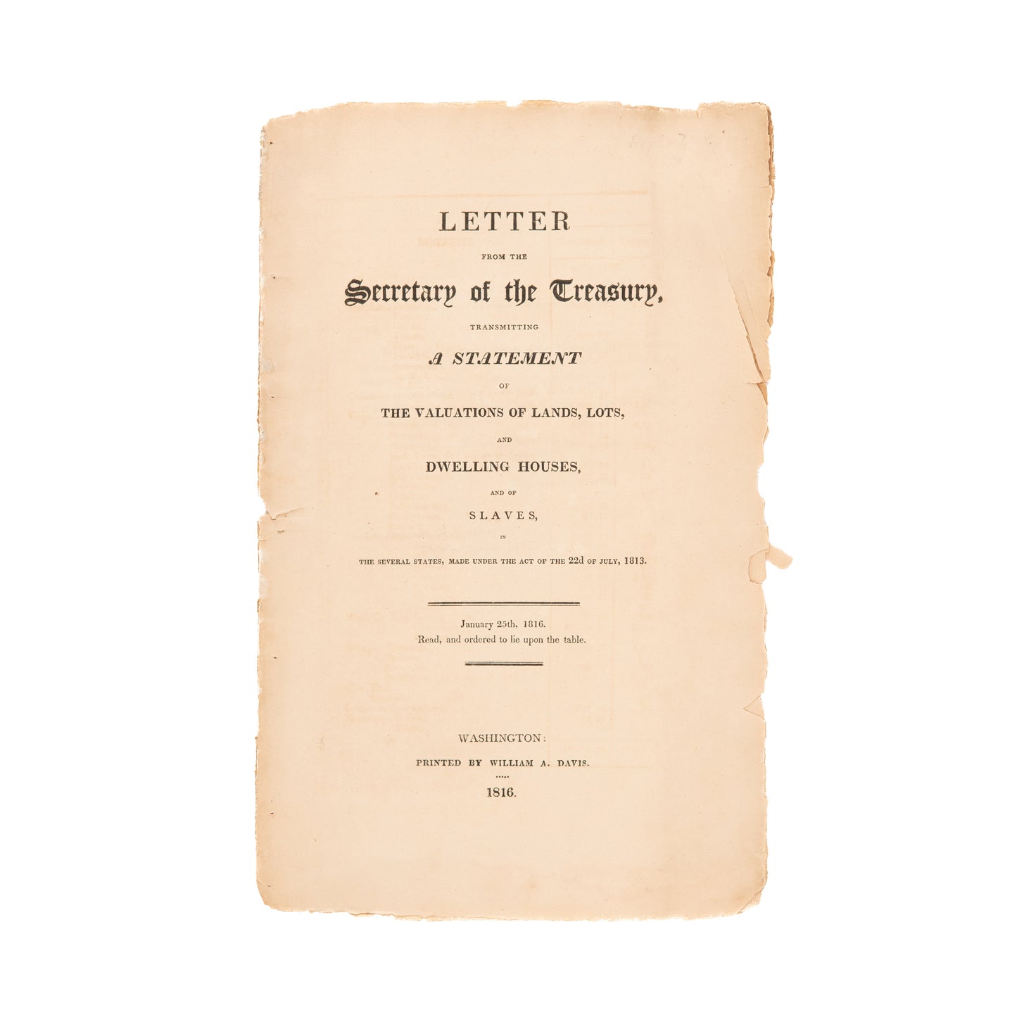 1816 ALEXANDER J. DALLAS. Rare Census for the Slavery Sin Tax to Pay for War of 1812.