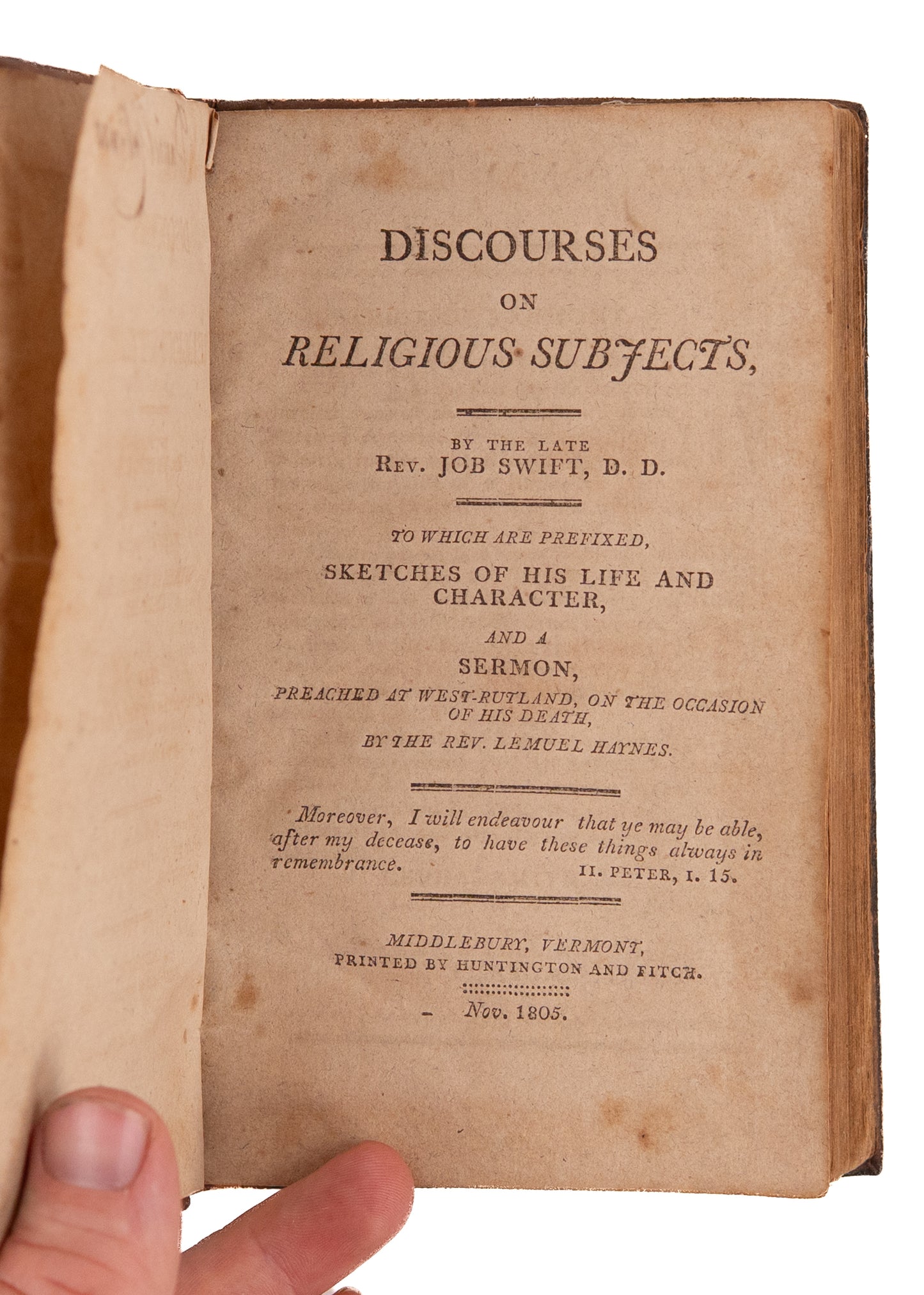 1805 LEMUEL HAYNES. Rare Imprint of Lemuel Haynes Sermon at Death of Mentor, Job Swift.