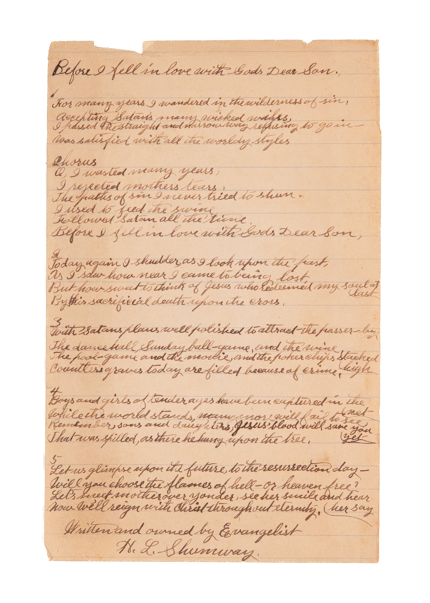 1916 H. L. SHUMWAY. Azusa Street - Early Pentecostal Holiness Evangelist - Unpublished Hymn.