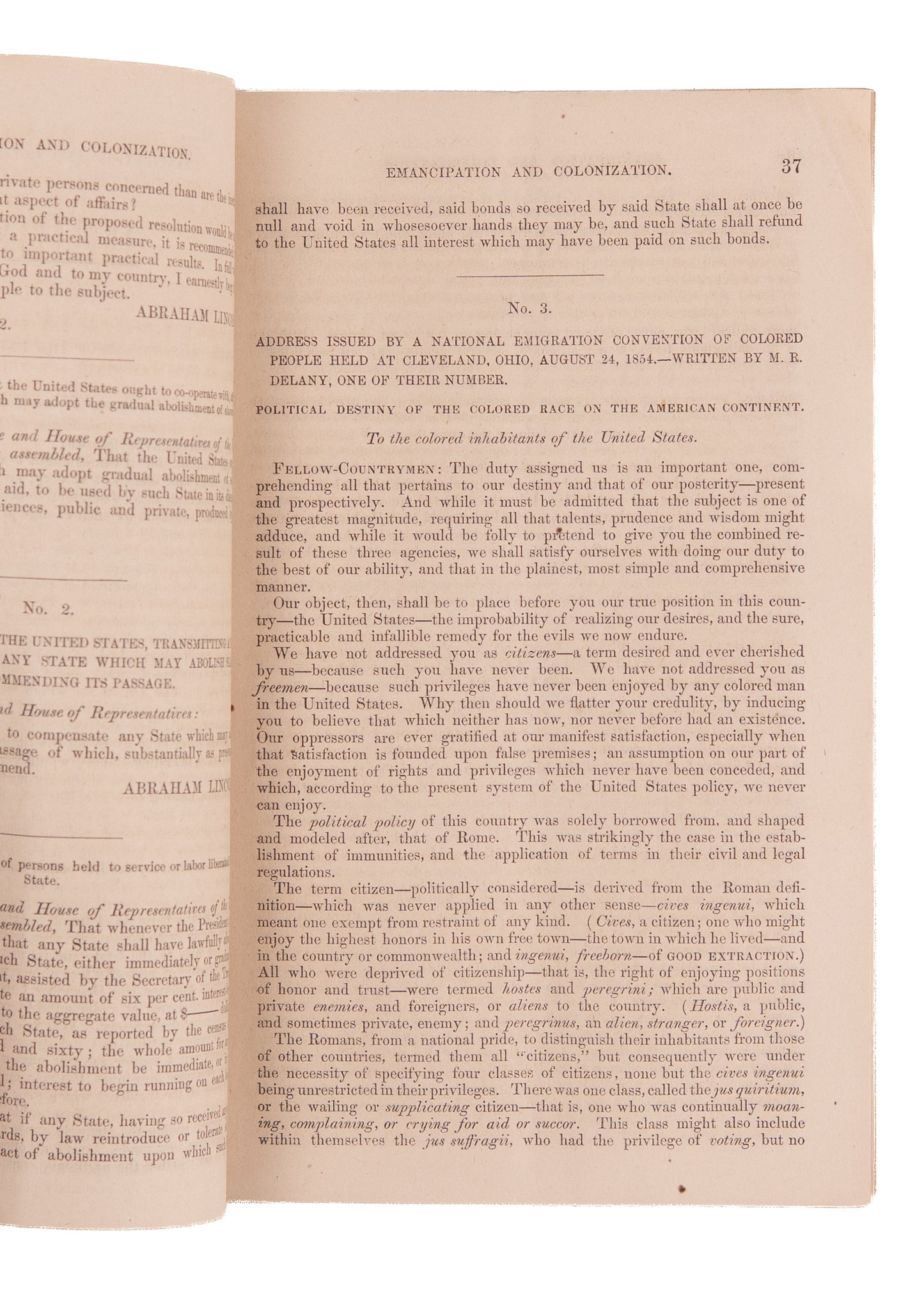 1862 REPORT ON EMANCIPATION. Abraham Lincoln Attempts to Push Colonization - Gets Rebuked by Frederick Douglass.