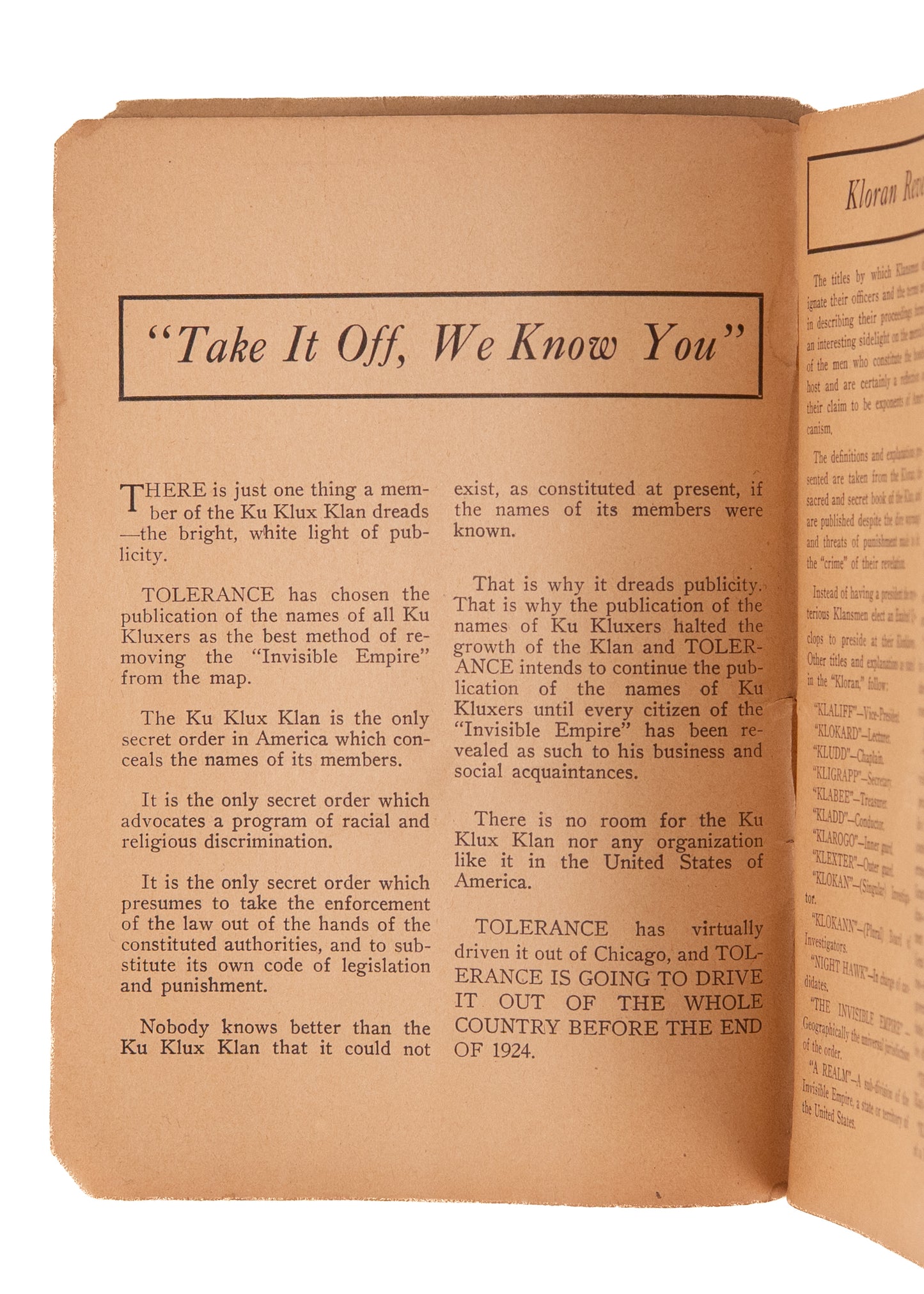 1923 KU KLUX KLAN. Is Your Neighbor a Kluxer? The Document that Destroyed the Klan in Chicago.