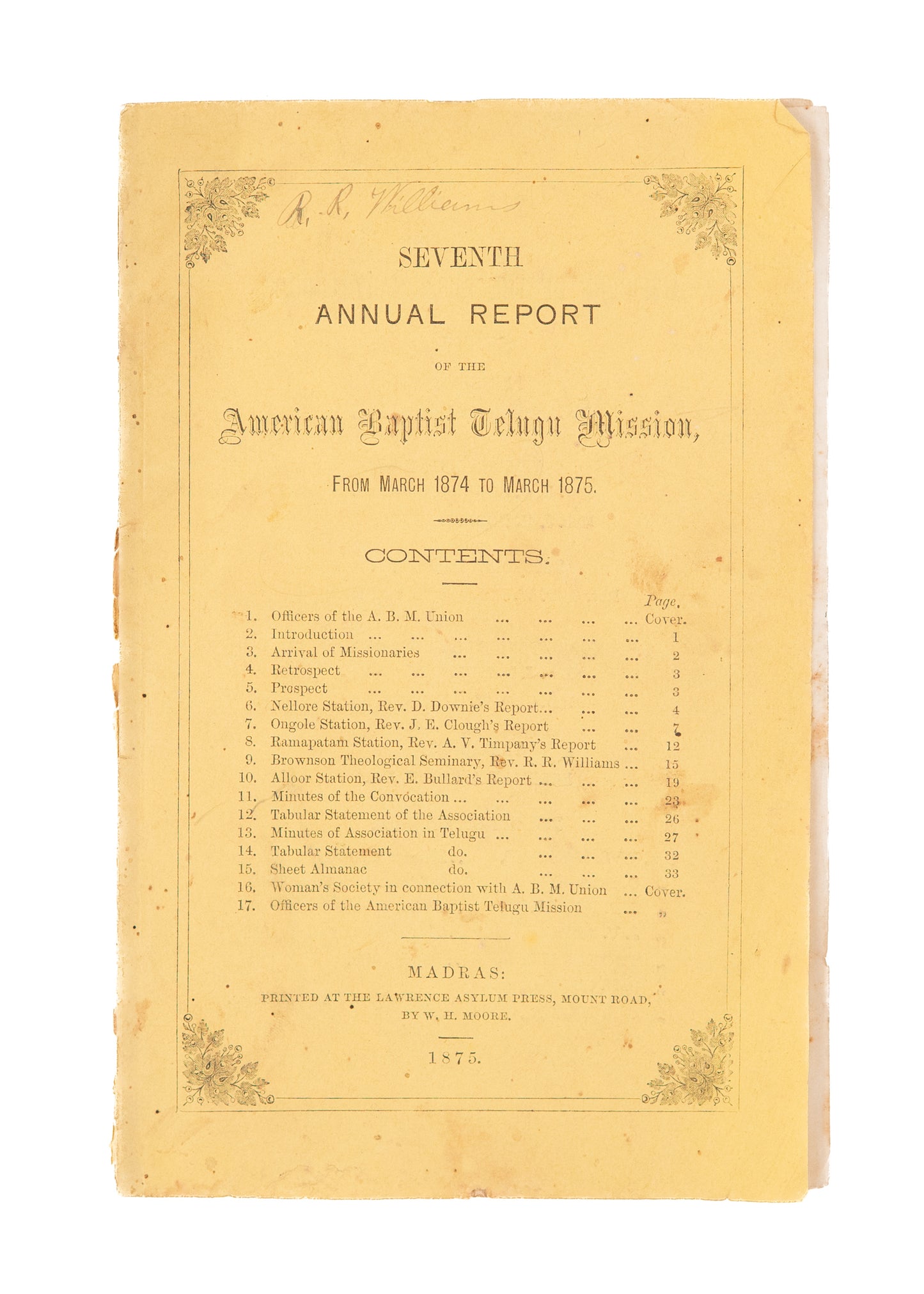 1875 BAPTIST TELEGU MISSION. Annual Report of the American Baptist Telugu Mission - Signed.