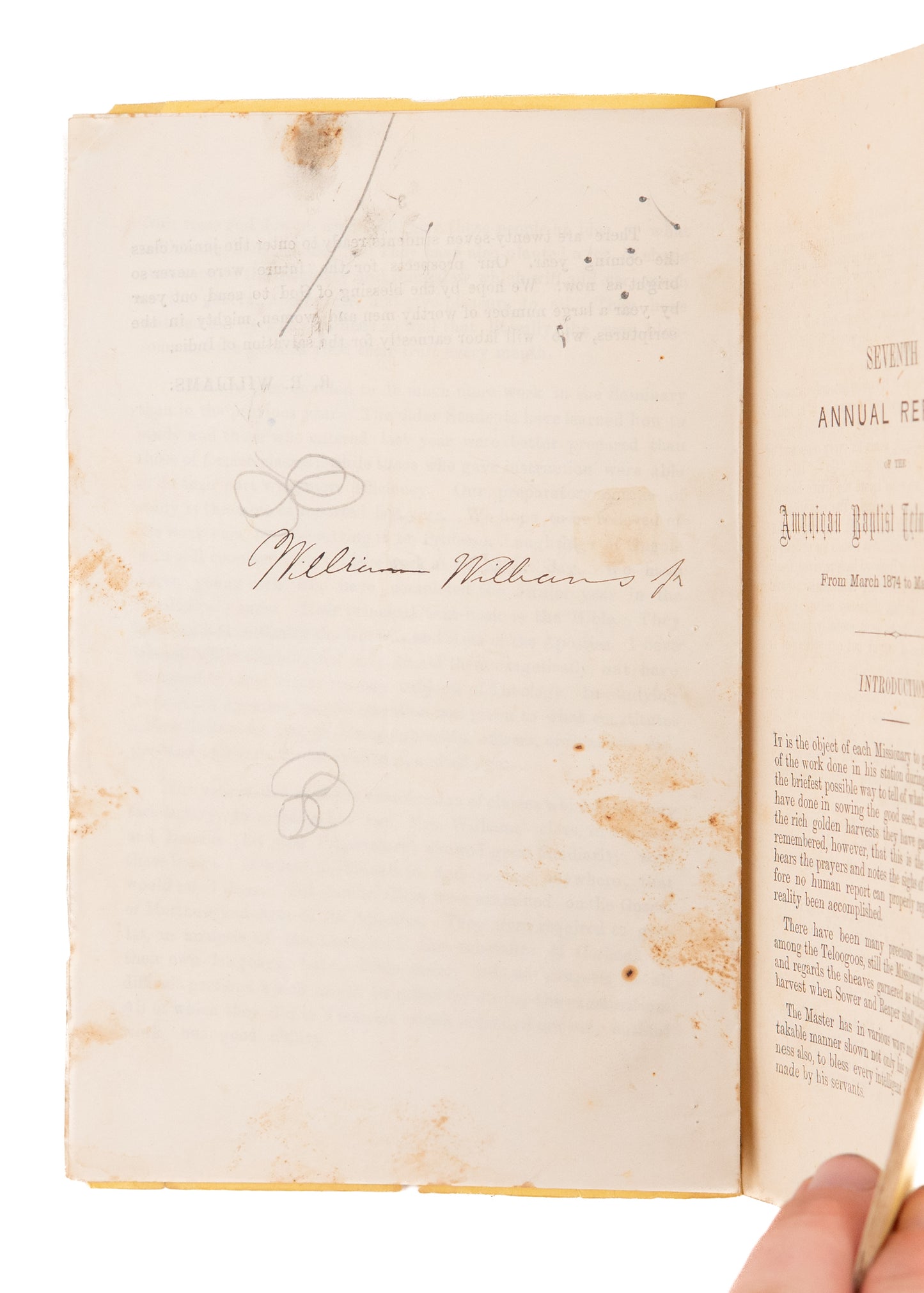 1875 BAPTIST TELEGU MISSION. Annual Report of the American Baptist Telugu Mission - Signed.