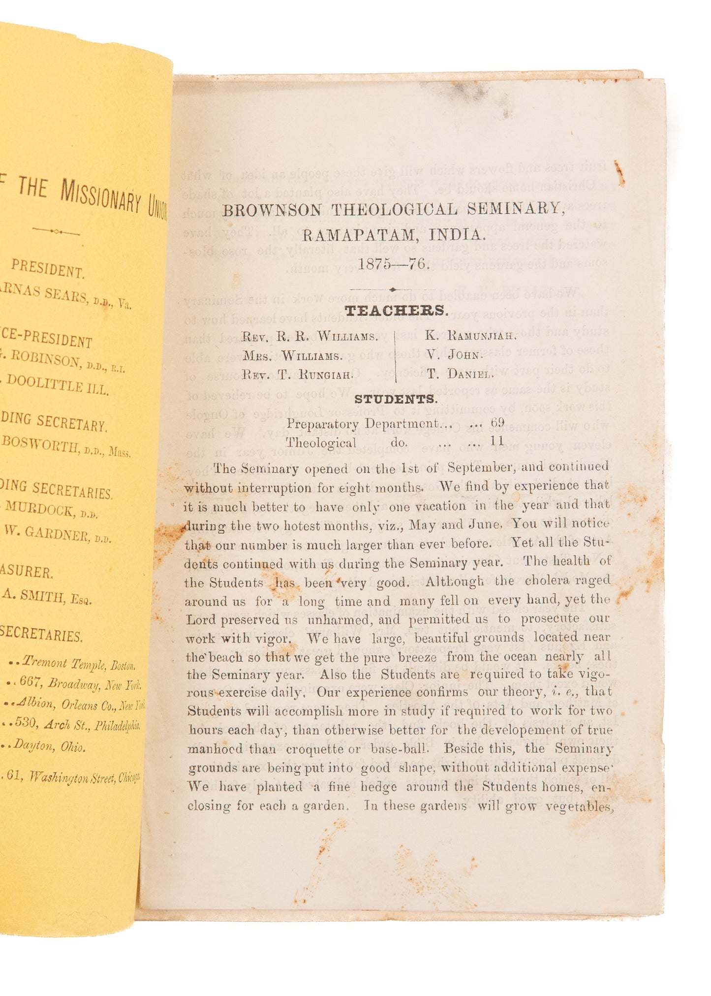 1875 BAPTIST TELEGU MISSION. Annual Report of the American Baptist Telugu Mission - Signed.