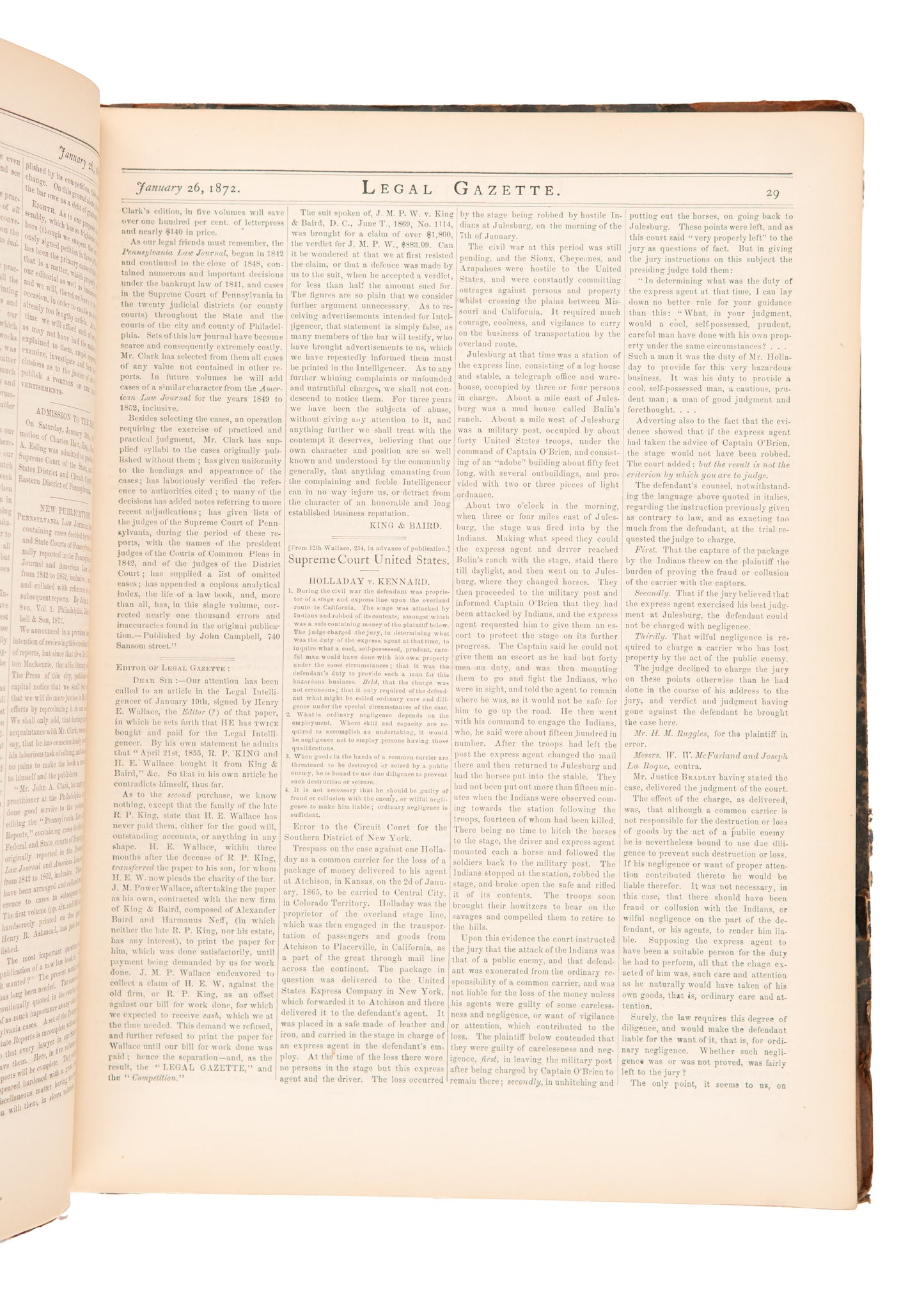 1872 JOHN H. CAMPBELL. Legal Gazette. Rare Philadelphia Legal Review - Suffrage, Polygamy, Freeman, Insanity