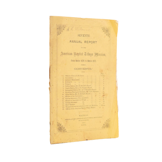 1875 BAPTIST TELEGU MISSION. Annual Report of the American Baptist Telugu Mission - Signed.