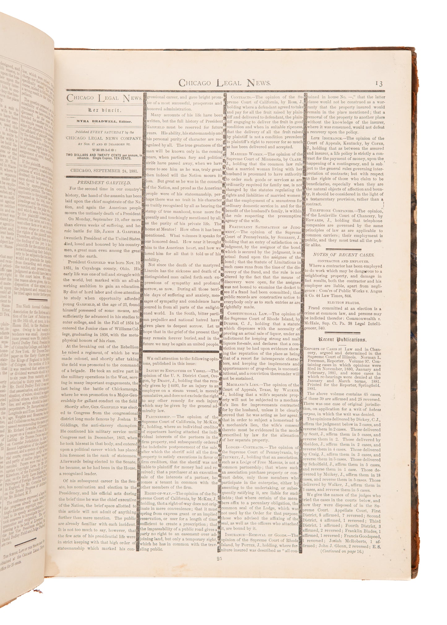 1882 MYRA BRADWELL. Chicago Legal News - First Female Legal Paper in America - Suffrage & Women's Rights.