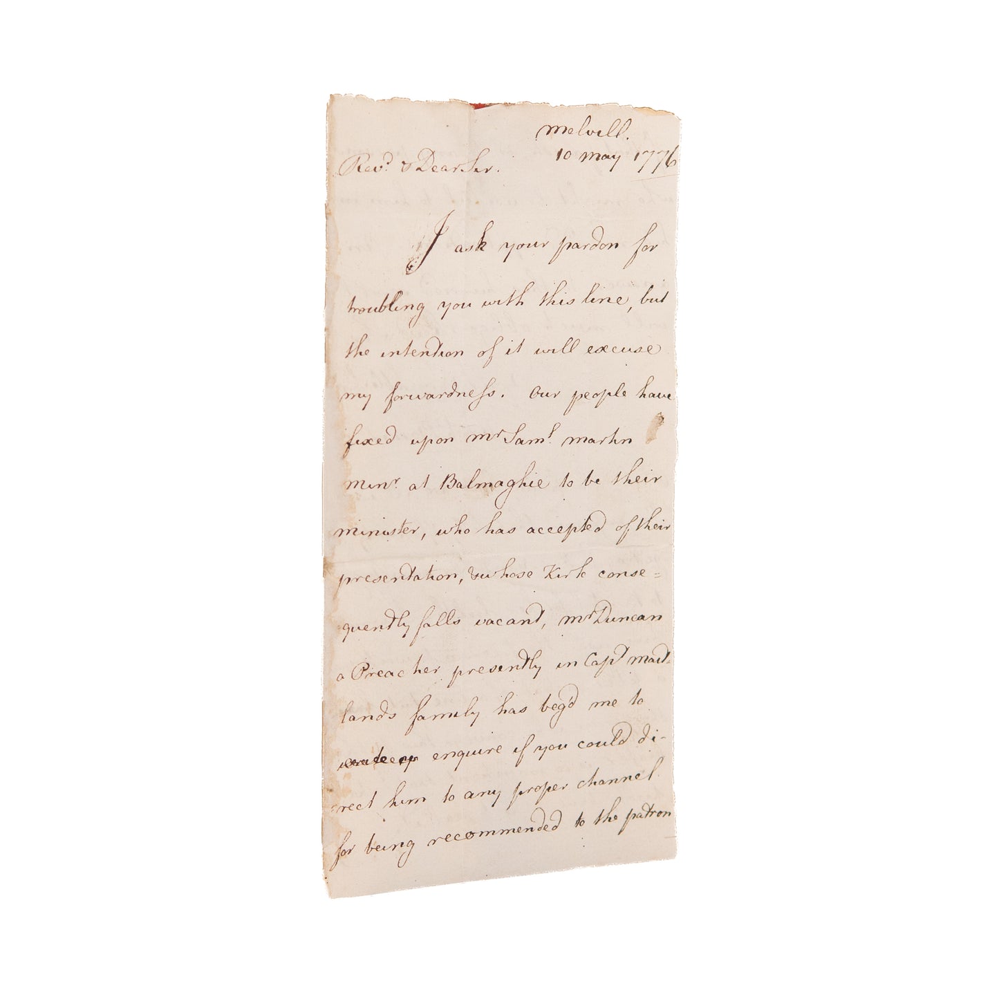 1776 ARCHIBALD BONAR. Early Letter by Horatius & Andrew Bonar's Grand-Uncle when a Theology Student.
