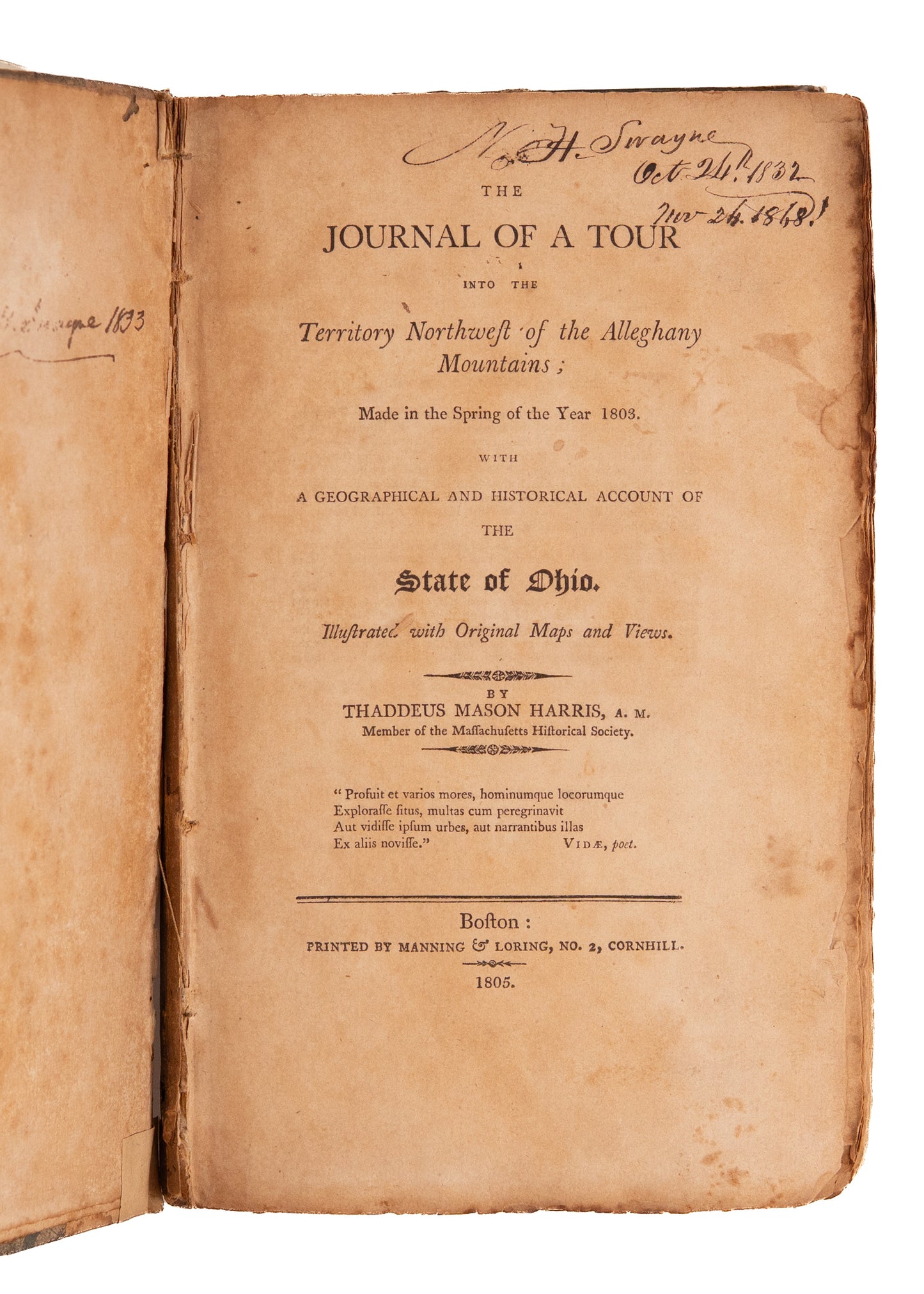 1805 TOUR OF OHIO. Owned by Ohio Abolitionist & Abraham Lincoln Appointee to Supreme Court