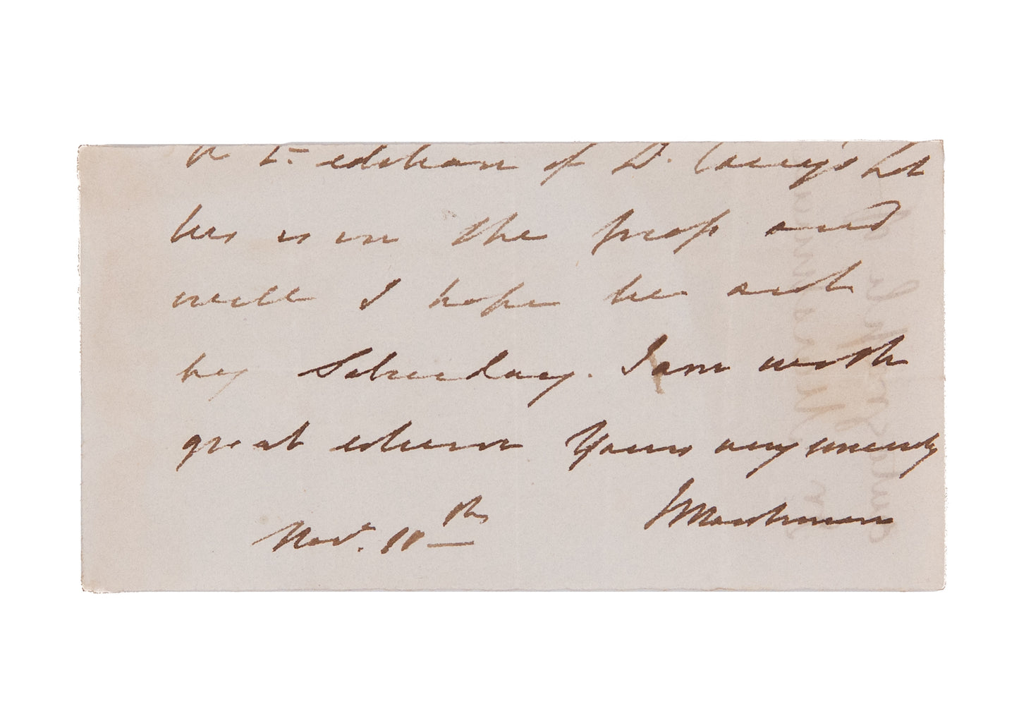 1810 JOSHUA MARSHMAN. ALS Fragment - William Carey's Book is Now at the Press. Serampore Missionaries.