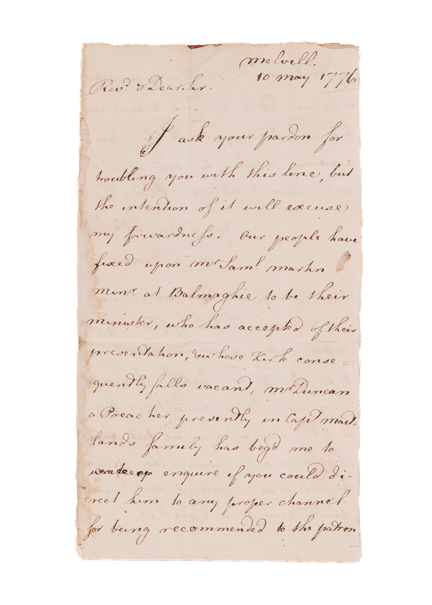 1776 ARCHIBALD BONAR. Early Letter by Horatius & Andrew Bonar's Grand-Uncle when a Theology Student.