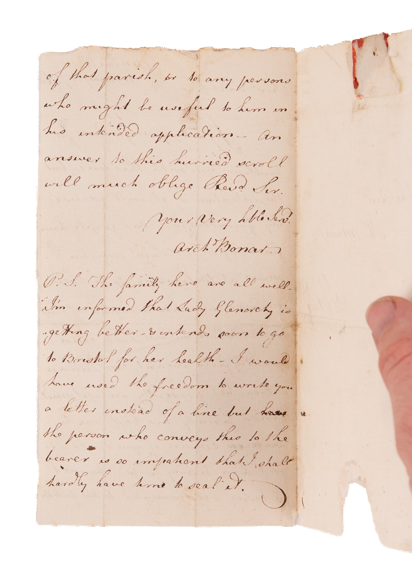 1776 ARCHIBALD BONAR. Early Letter by Horatius & Andrew Bonar's Grand-Uncle when a Theology Student.