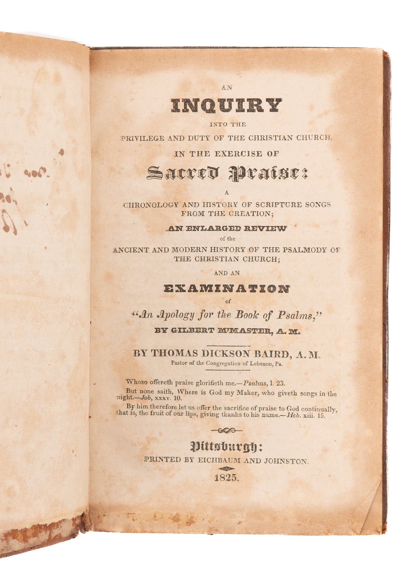 1825 THOMAS DICKSON BAIRD. An Inquiry into the Exercise of Praise. Exclusive Psalmody.