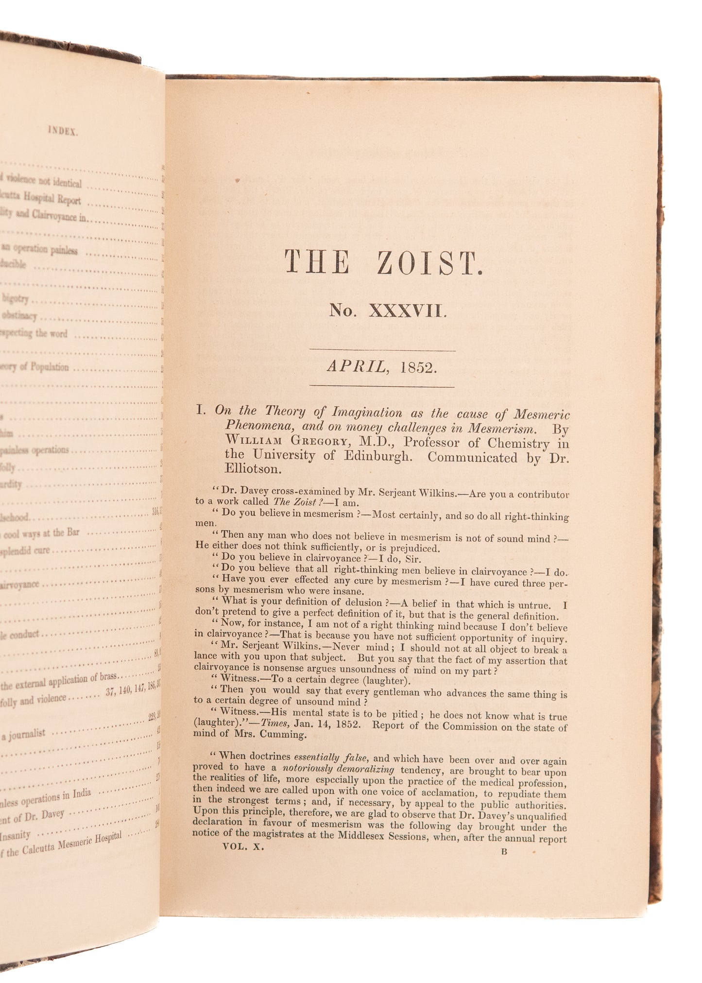 1852-1854 MESMERISM & CLAIRVOYANCE. Two Complete Years of "The Zoist" on Medical Mesmerism