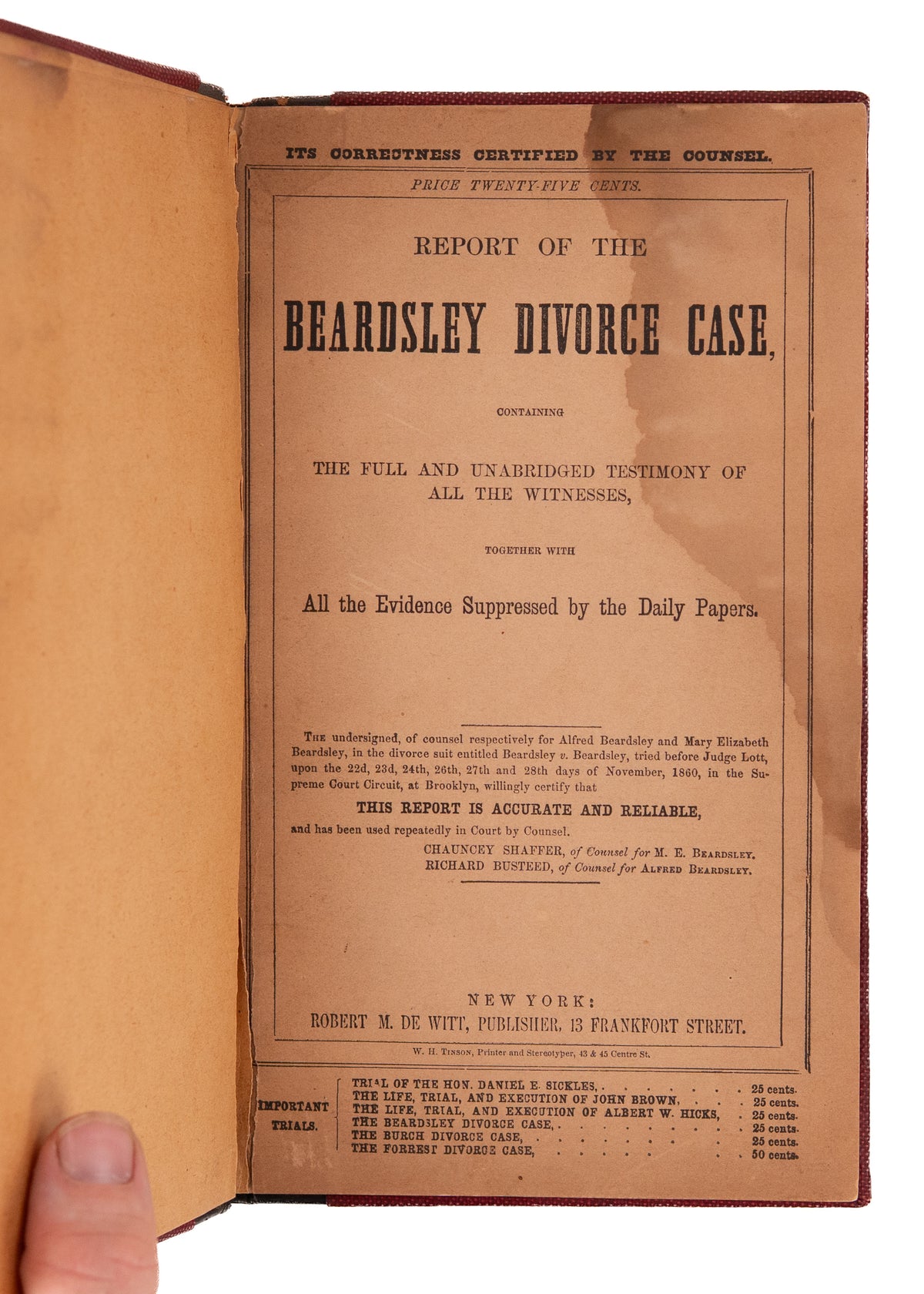 1860 BEARDSLEY DIVORCE CASE. Sensationalized Reporting of New York Elite Infidelity Scandal, &c.