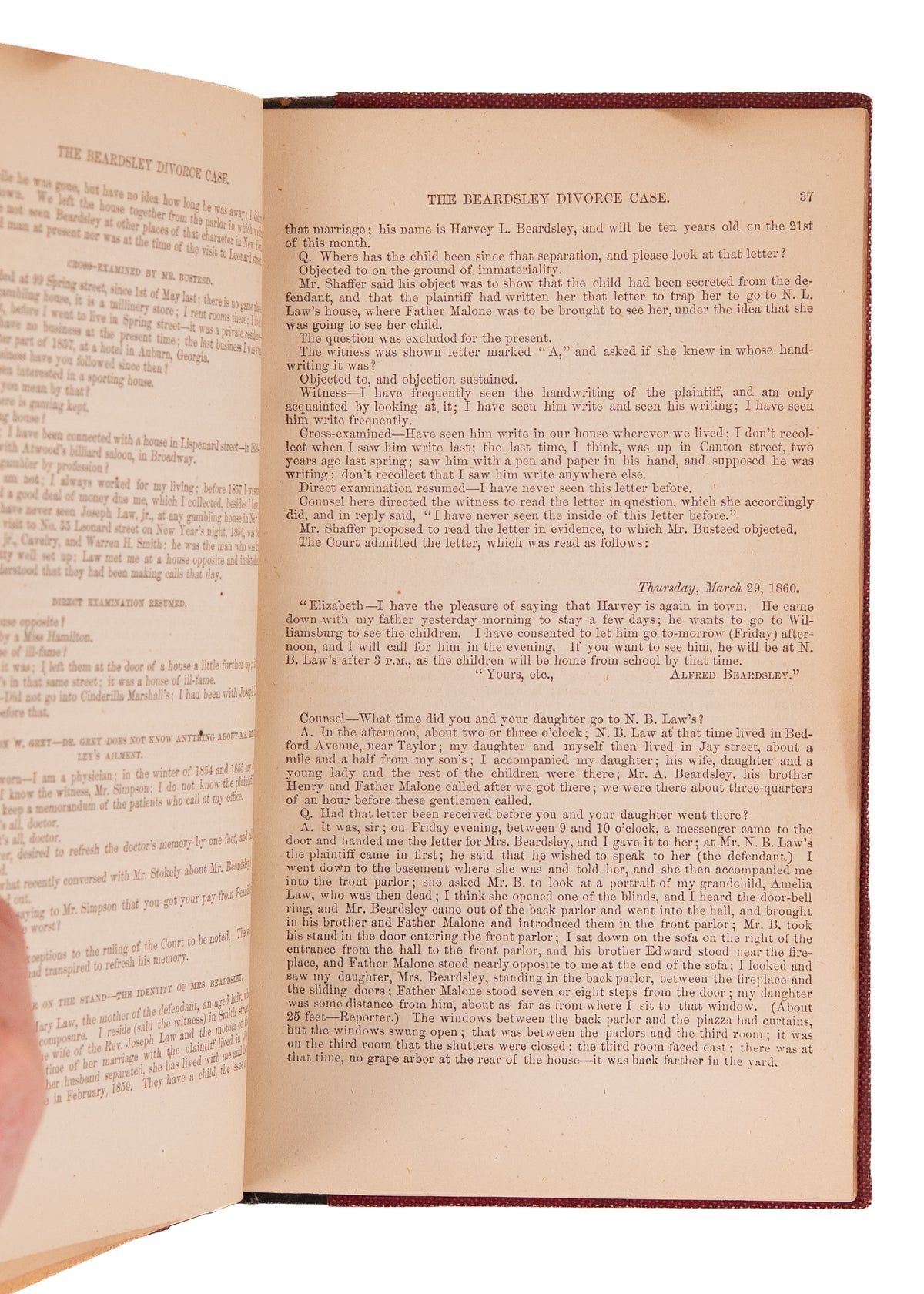 1860 BEARDSLEY DIVORCE CASE. Sensationalized Reporting of New York Elite Infidelity Scandal, &c.