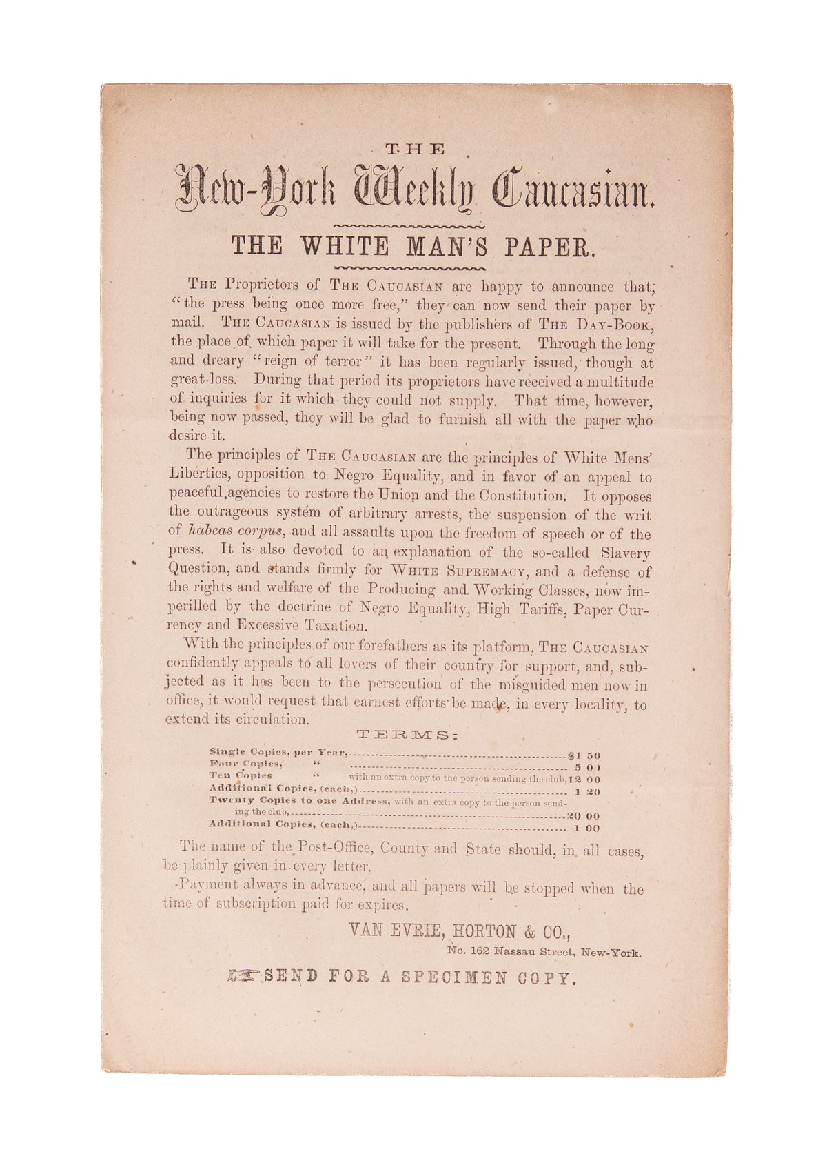 1863 EMANCIPATION PROCLAMATION. Democrat Rails Against Emancipation & Abraham Lincoln