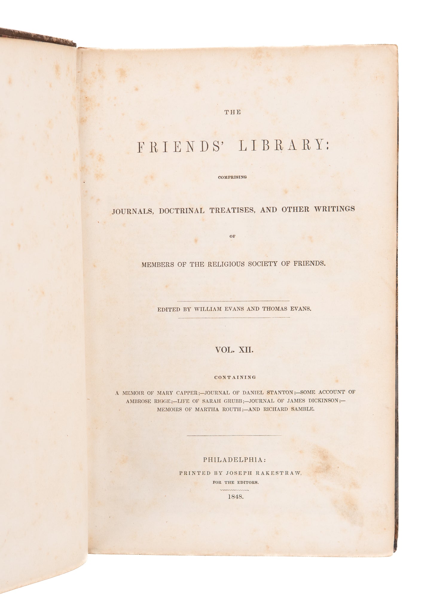 1848 FRIEND'S LIBRARY #12. 18th Century Quaker Memoirs of Mary Capper, Sarah Grubb, &c.