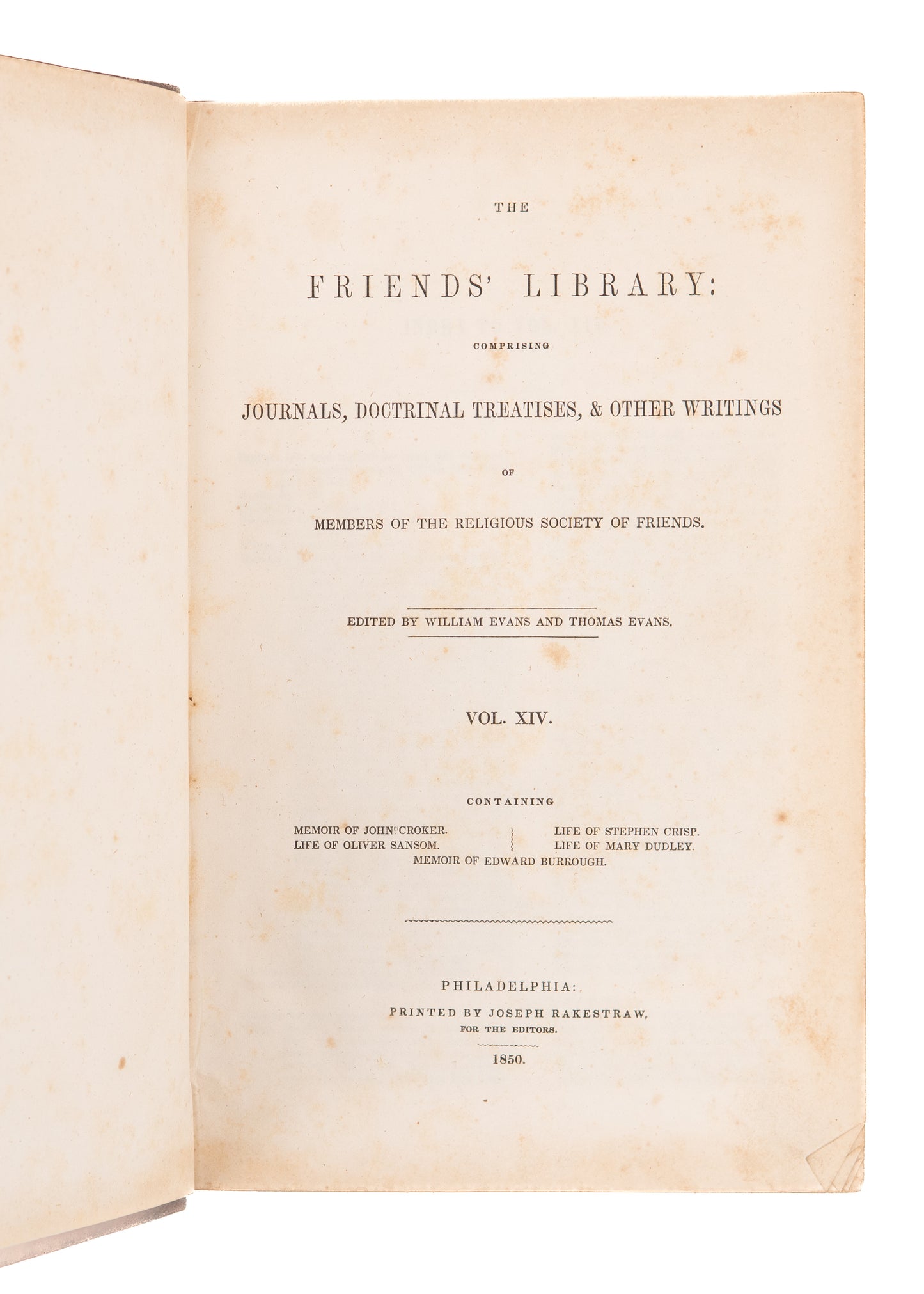 1850 FRIEND'S LIBRARY #14. 17th Century Quarker Memoirs of John Croker, Mary Dudley, etc.