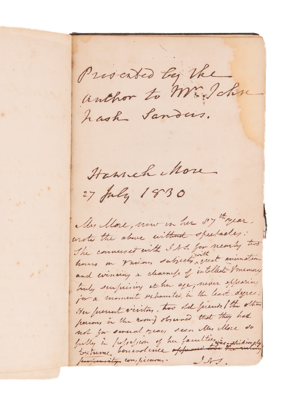 1830 HANNAH MORE. 87 Year Old Hannah More Signs a Book + First-Hand Unpublished Biographical Note.
