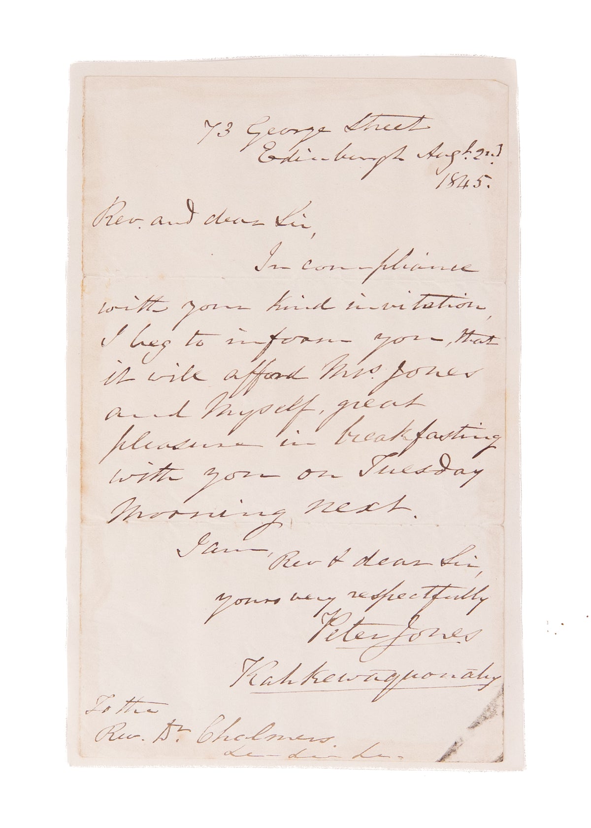 1845 PETER JONES - KAHKEWAQUONABY. Rare Ojibwe Missionary Meeting with Thomas Chalmers for Support