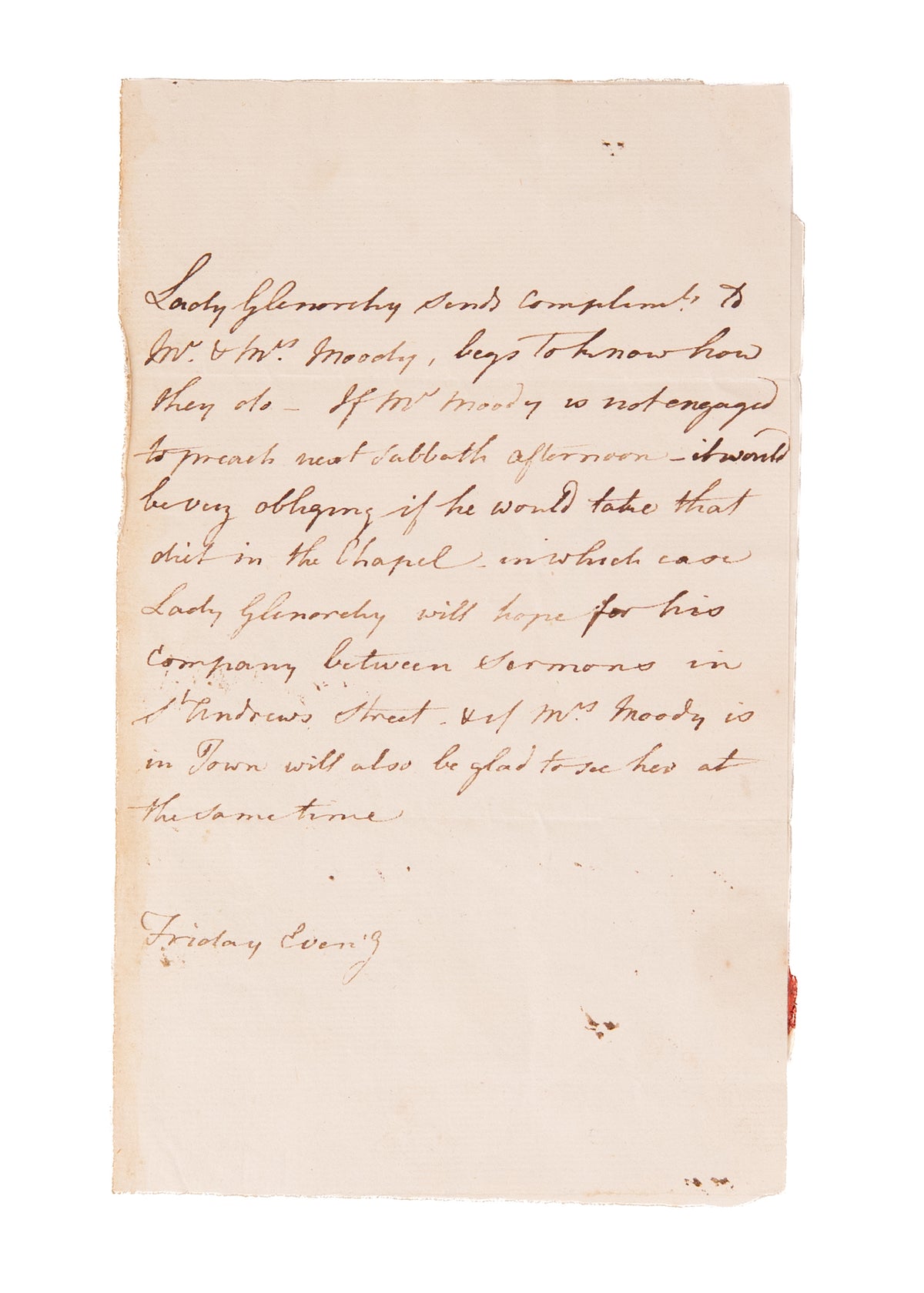 1770 LADY GLENORCHY. Rare Great Awakening Letter by Supporter of John Wesley & Friend of Countess of Huntington.