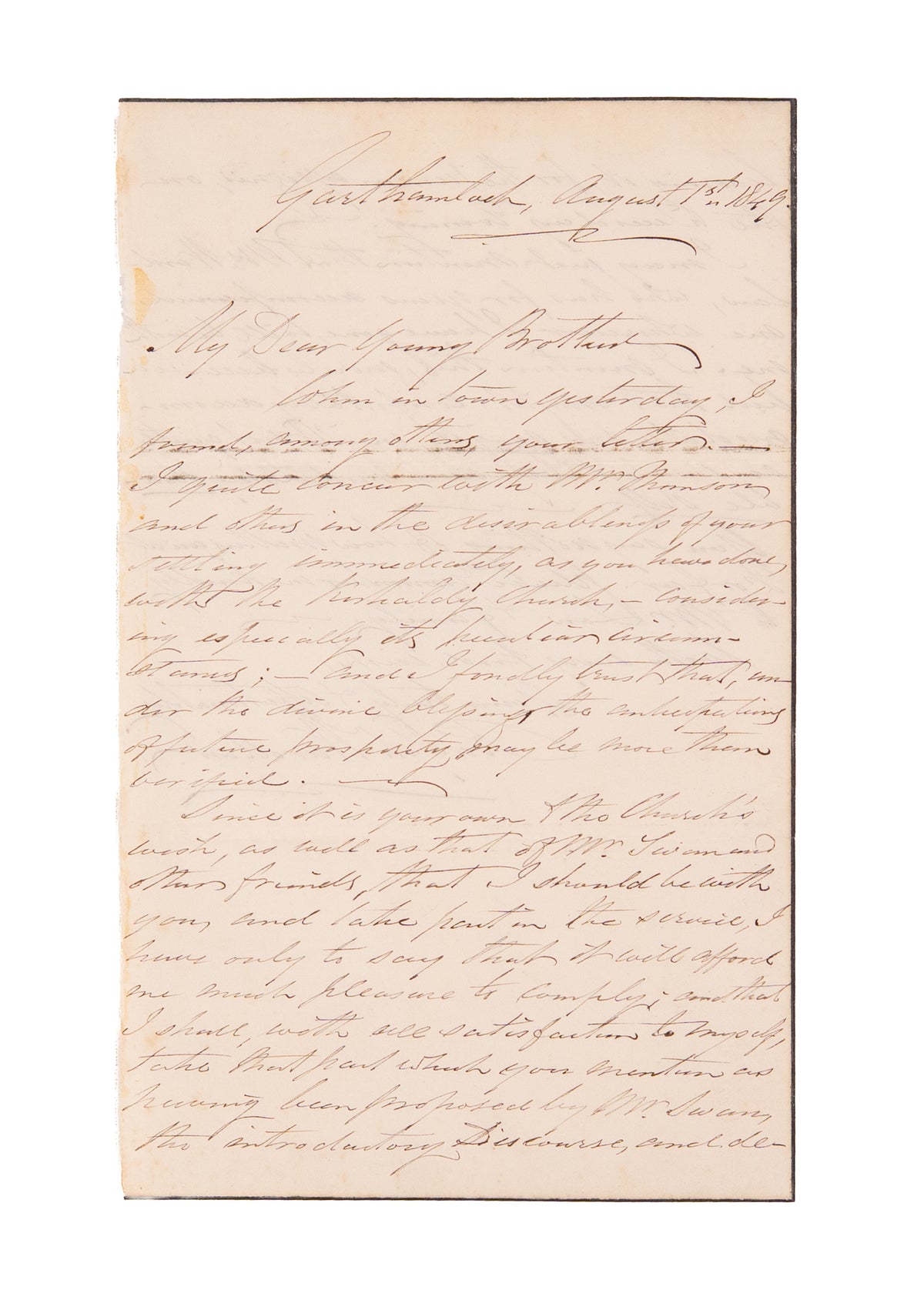 1849 RALPH WARDLAW. Prominent Divine to Speak in Scotland - Wants a Comfy Bed for He and His Wife.