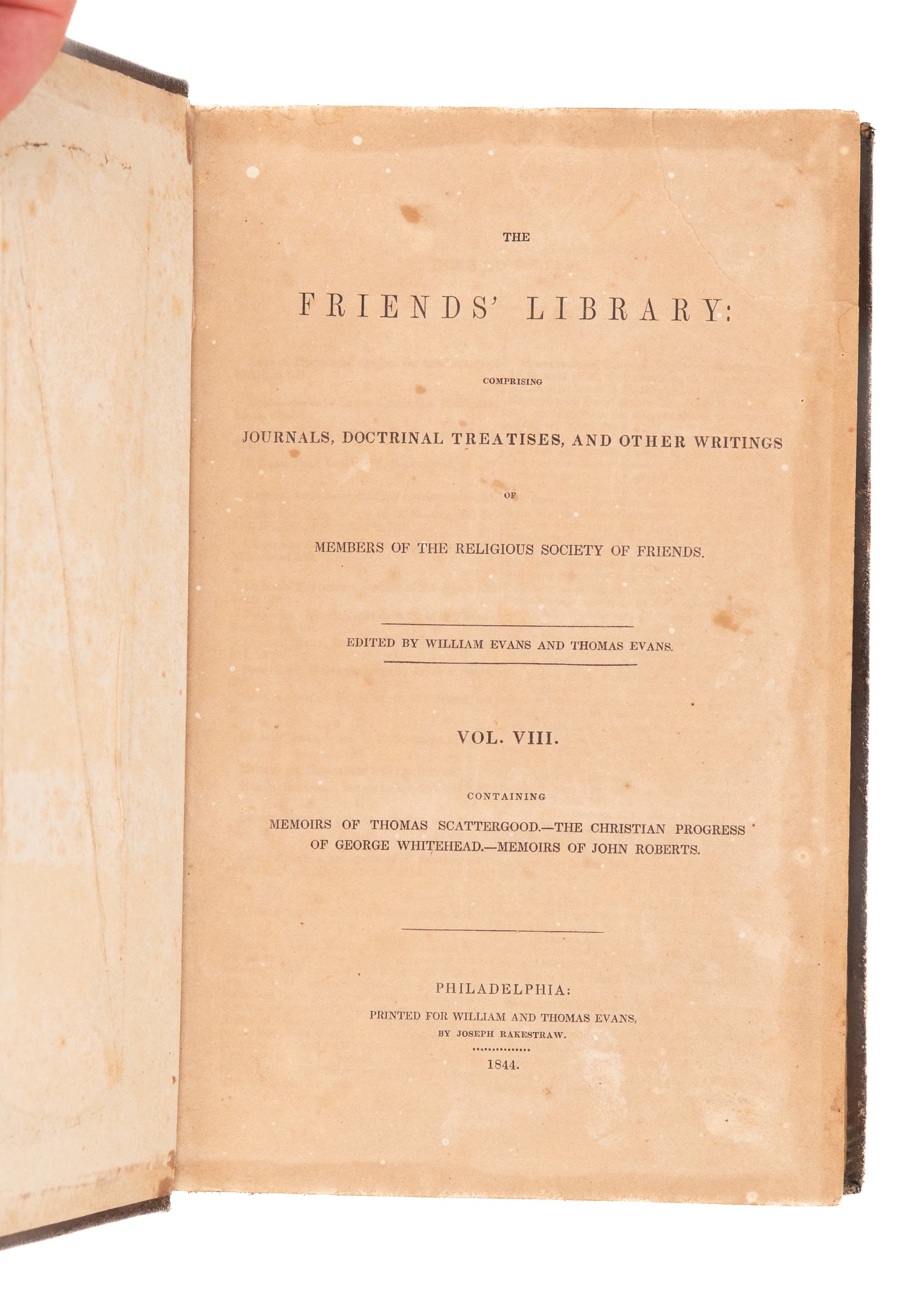 1844 FRIEND'S LIBRARY #8. Thomas Scattergood & Other 18th Century Quaker Memoirs