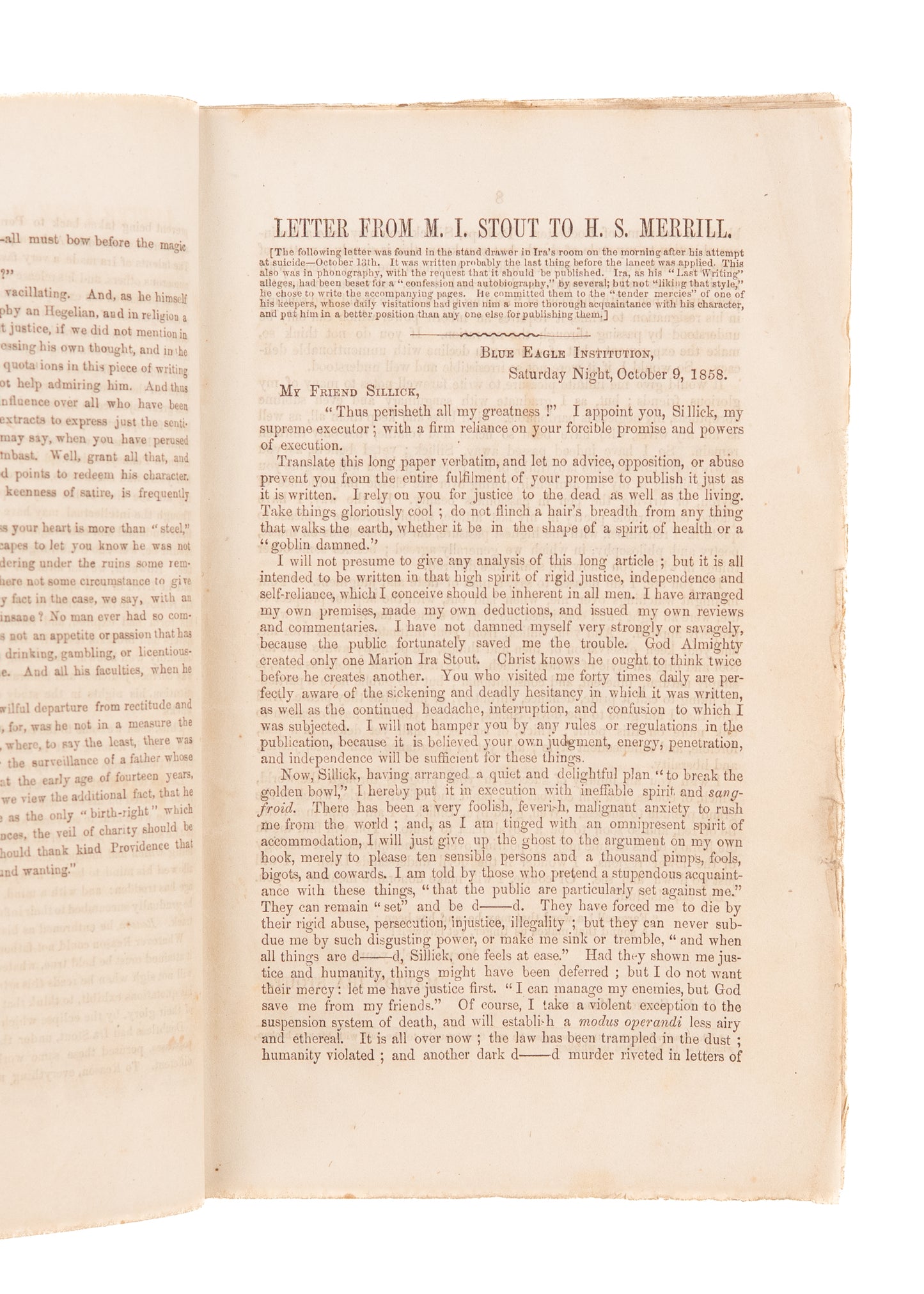 1857 MARION IRA STOUT. "The Last Writing" of Marion Ira Stout. Hanged for the Murder of His Family.