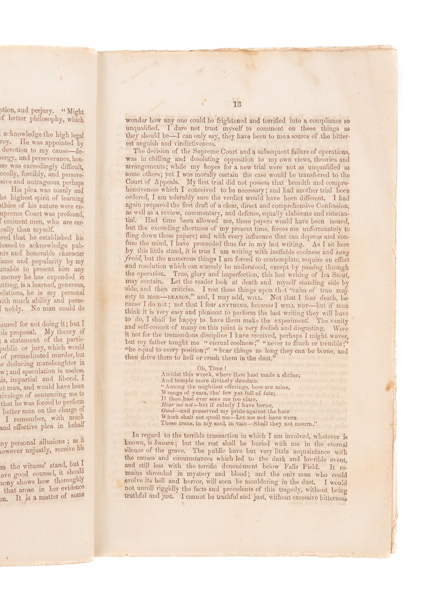 1857 MARION IRA STOUT. "The Last Writing" of Marion Ira Stout. Hanged for the Murder of His Family.