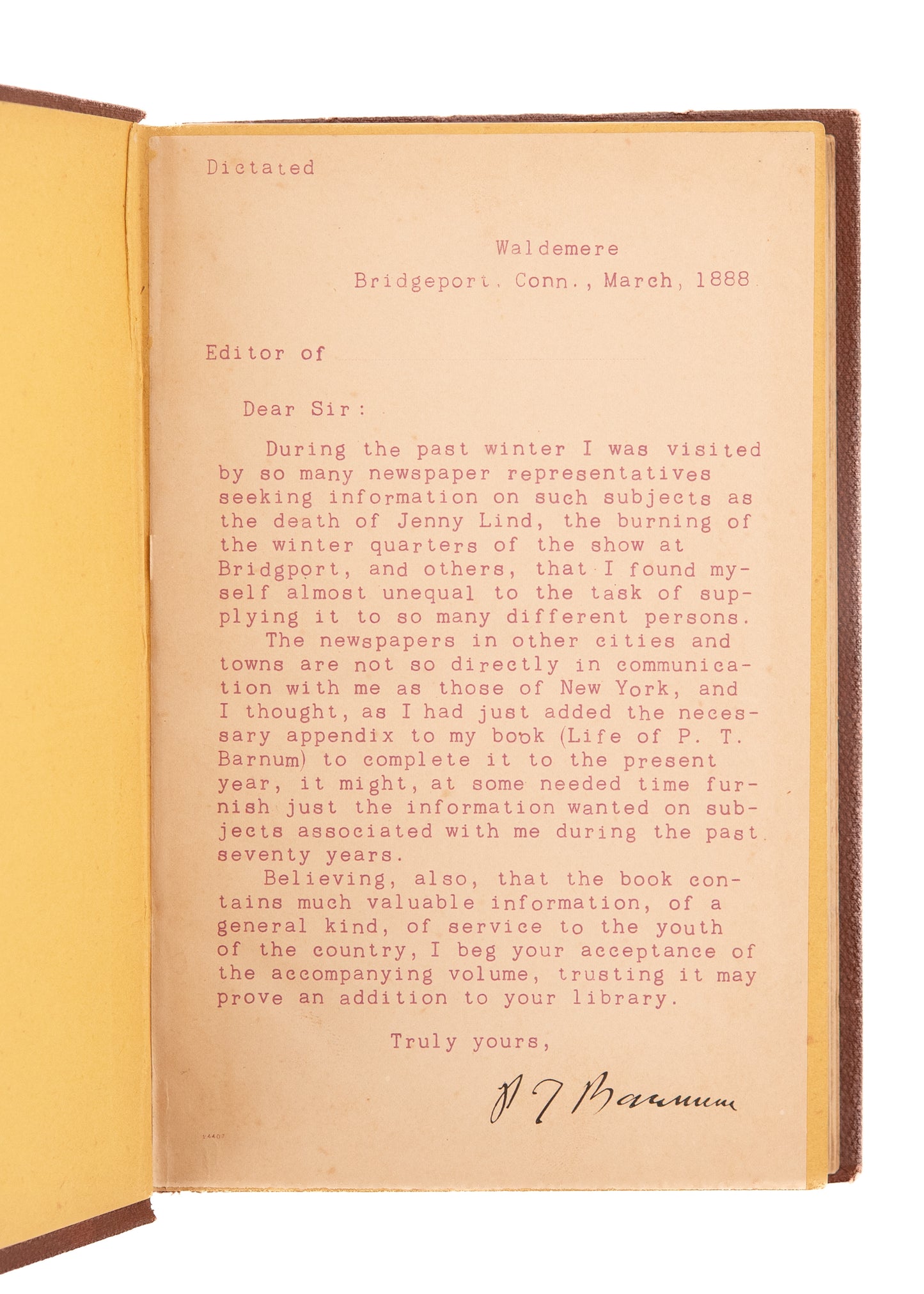 1888 P. T. BARNUM. Rare Signed, "Advance" Copy of his 1888 Autobiography.