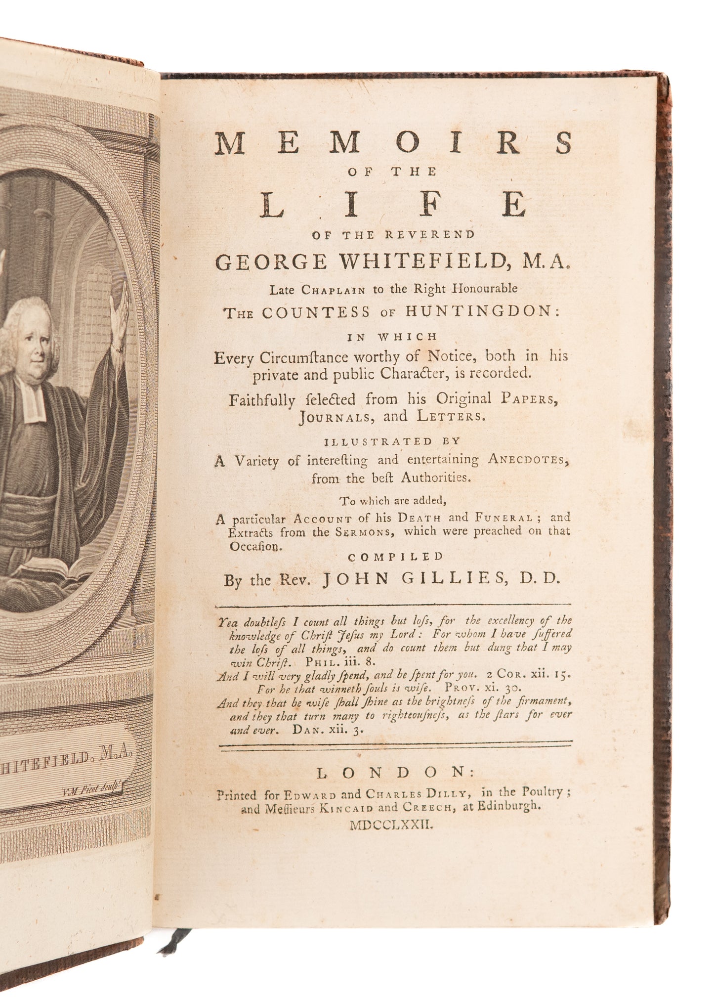 1772 GEORGE WHITEFIELD. First Edition Memoirs of the Life of the Reverend George Whitefield.