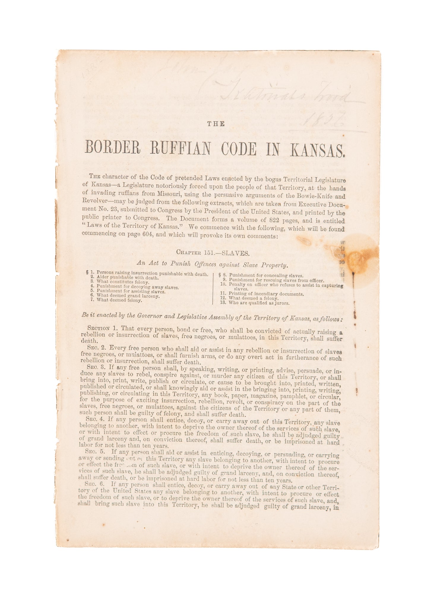 1856 BLEEDING KANSAS. The Boarder Ruffian Code in Kansas.Pro-Slavery Riots & Election Intimidation.