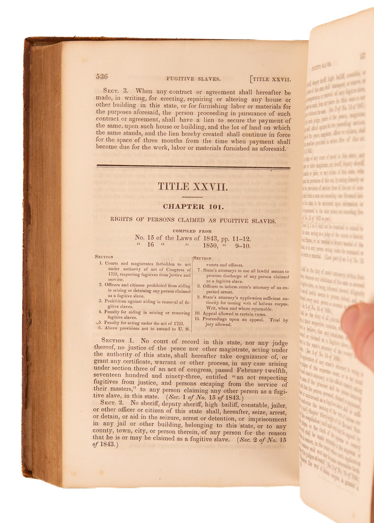 1851 STATUTES VERMONT. Early Fugitive Slave & Freedmen Statutes with Legal Documents of Early Legislator.