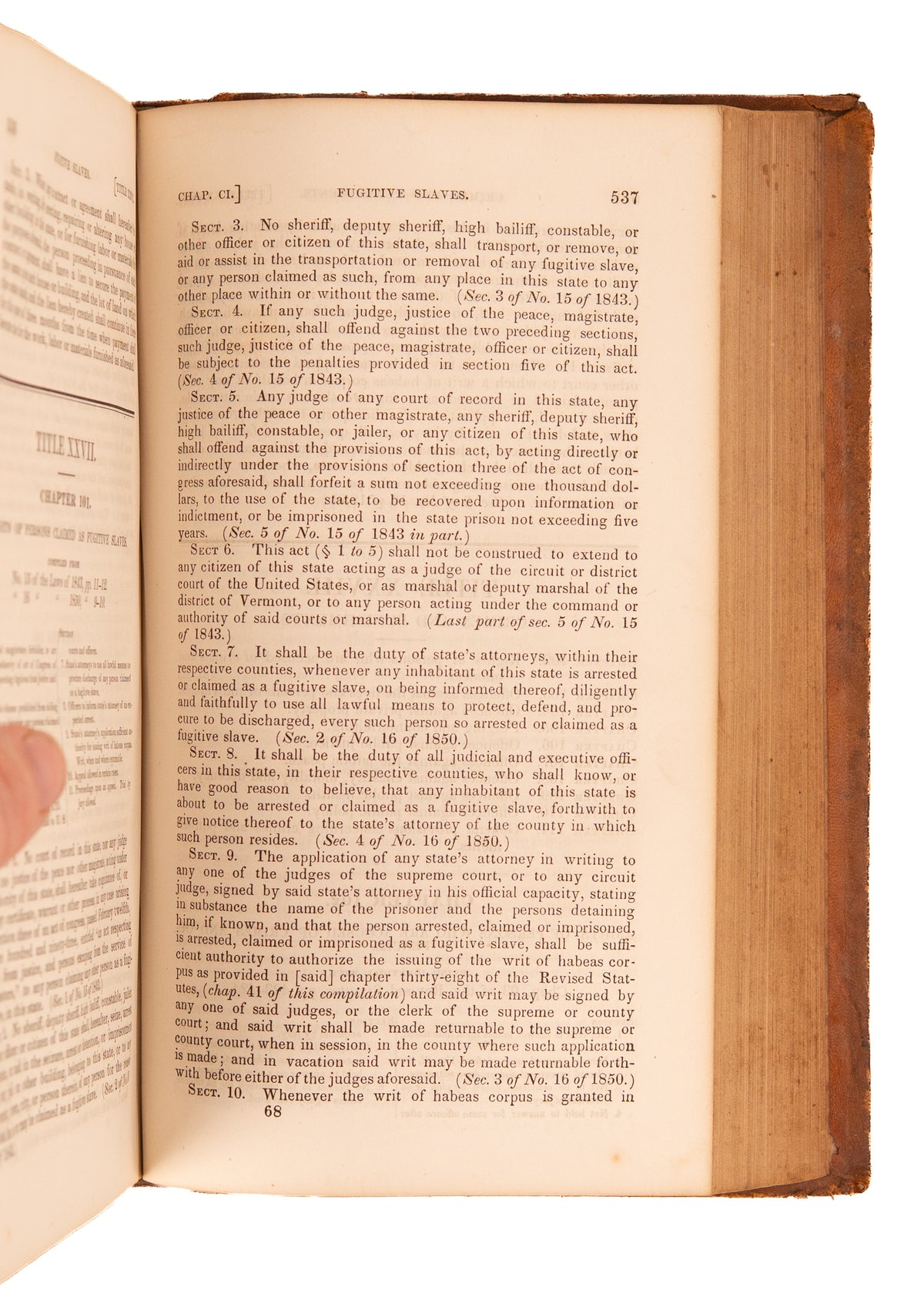 1851 STATUTES VERMONT. Early Fugitive Slave & Freedmen Statutes with Legal Documents of Early Legislator.