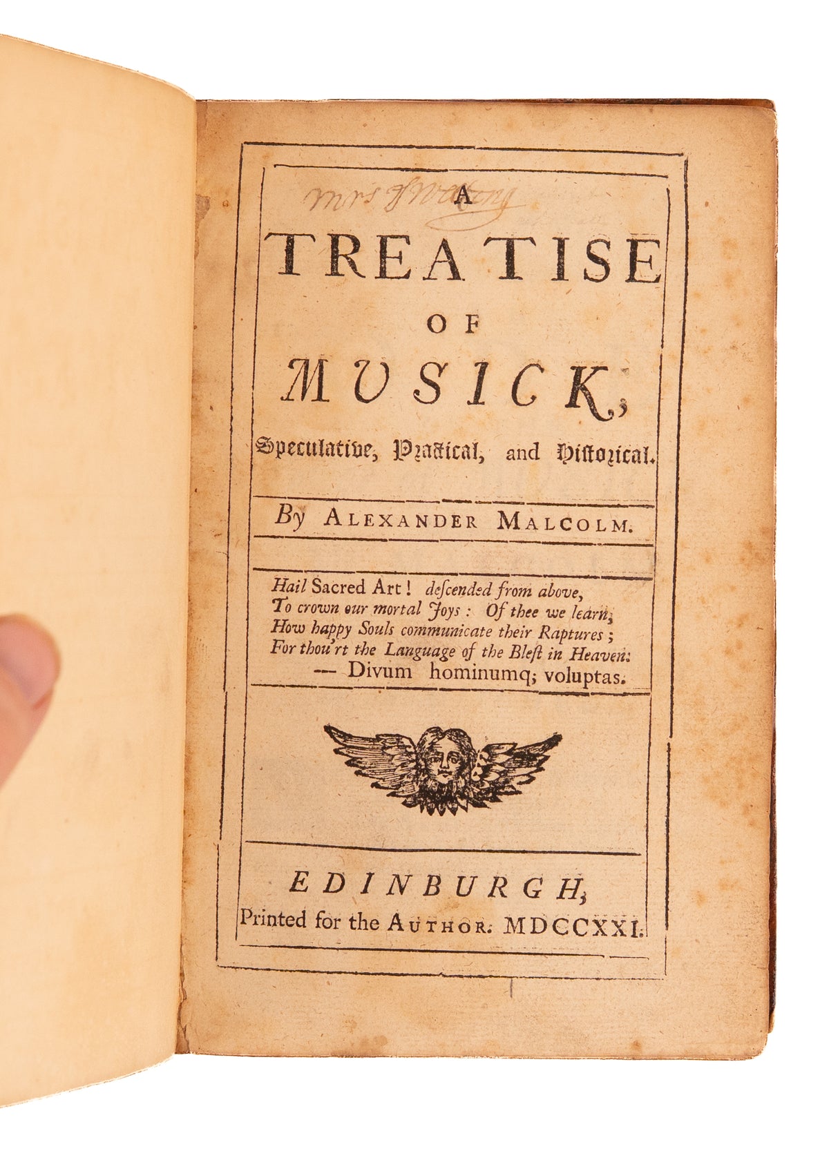 1721 ALEXANDER MALCOLM. First Work on Theory of Music Published in Scotland. Excellent Provenance.