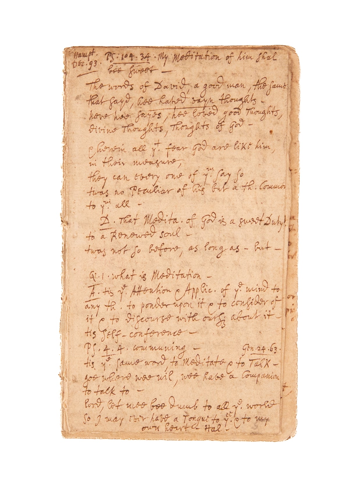 1693 MATTHEW HENRY. Matthew Henry MSs Sermon "My Meditation of Him Shall be Sweet" on Christian Contemplation.