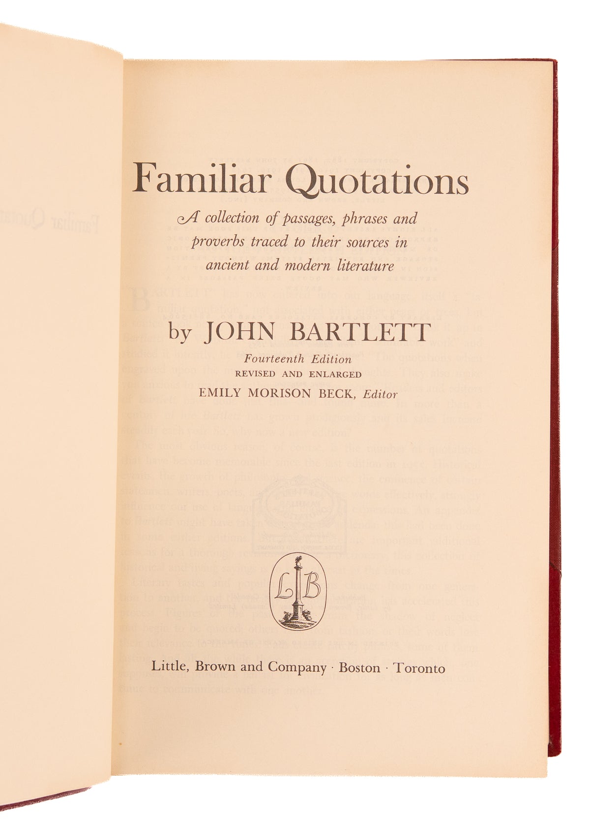 1968 BARLETT'S QUOTATIONS. Updated 14th Edition to Include Civil Rights & Modern Thinkers. Fine Binding.