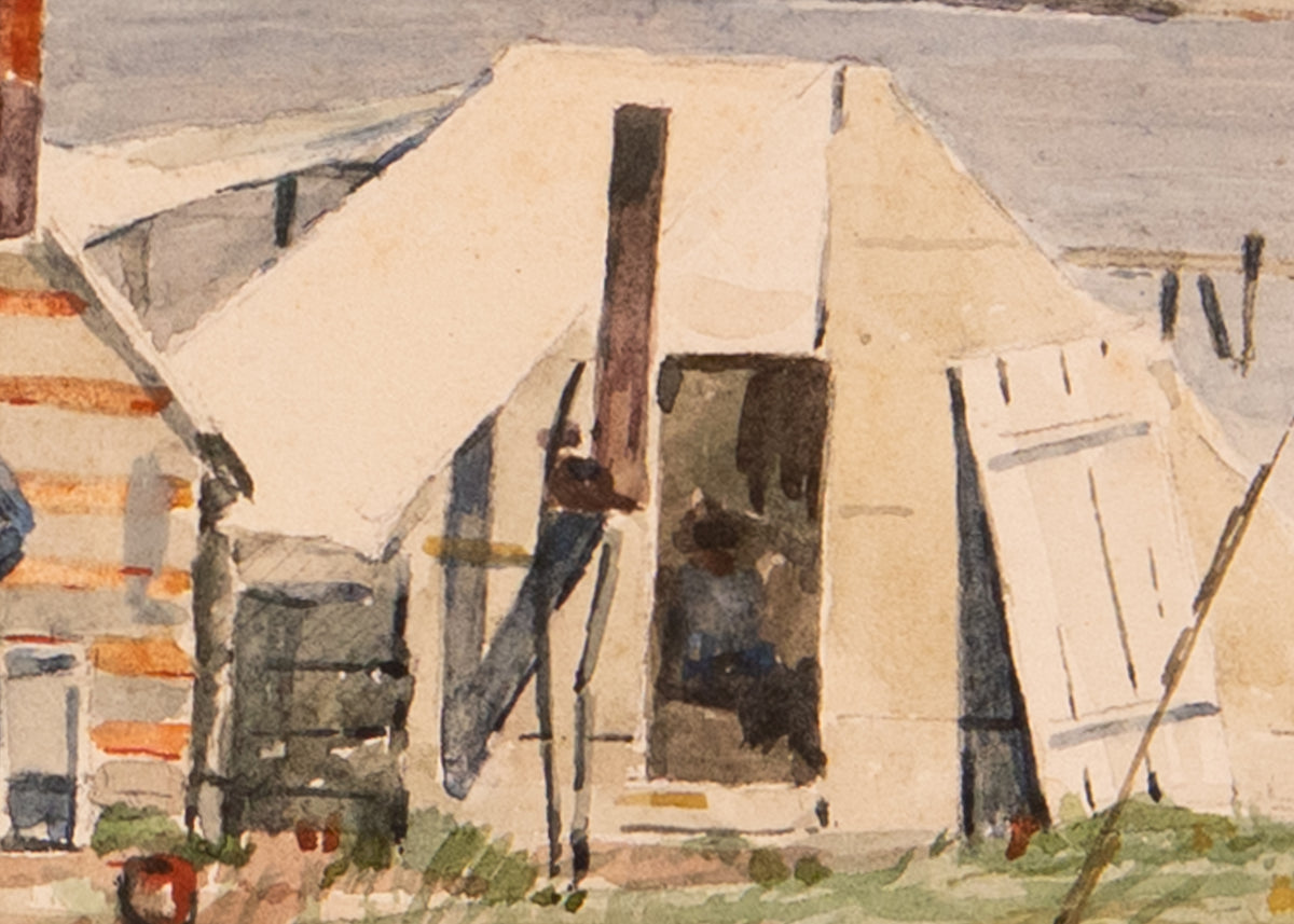 1861-63 CONTRABAND ENCAMPMENT. Undocumented First-Hand Watercolor of Freed Slave Camp.