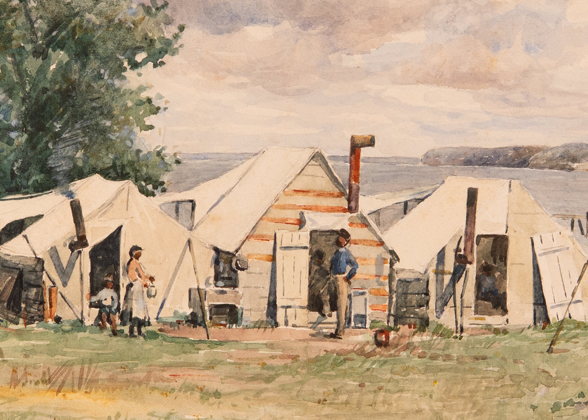 1861-63 CONTRABAND ENCAMPMENT. Undocumented First-Hand Watercolor of Freed Slave Camp.